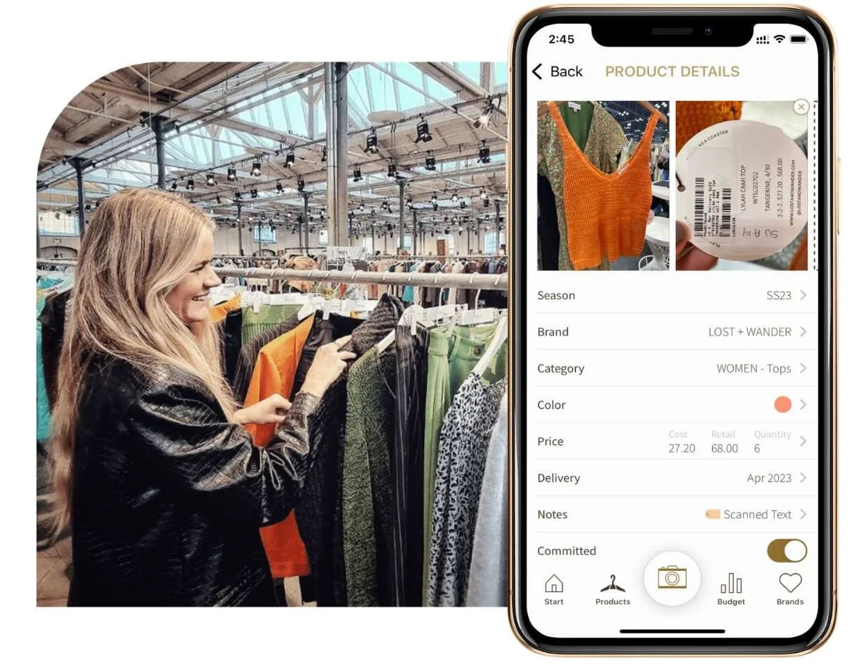 Fashion buyer at market, using her FAVES Buyer app to stay organized.