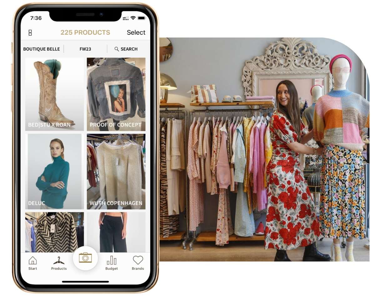 Boutique owner in her shop. And the FAVES Buyer app.
