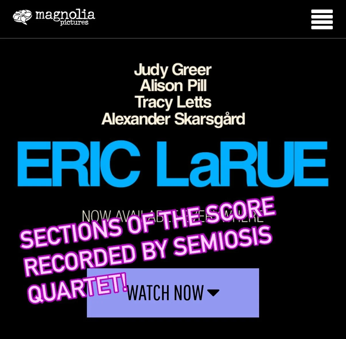Eric LaRue is available to watch at home! Check out the awesome score by @jonathanmastro with sections recorded by US at @kilgorestudios a while back! The wild intonation shifts were super fun to play with. Let us know what you think!

https://www.ma