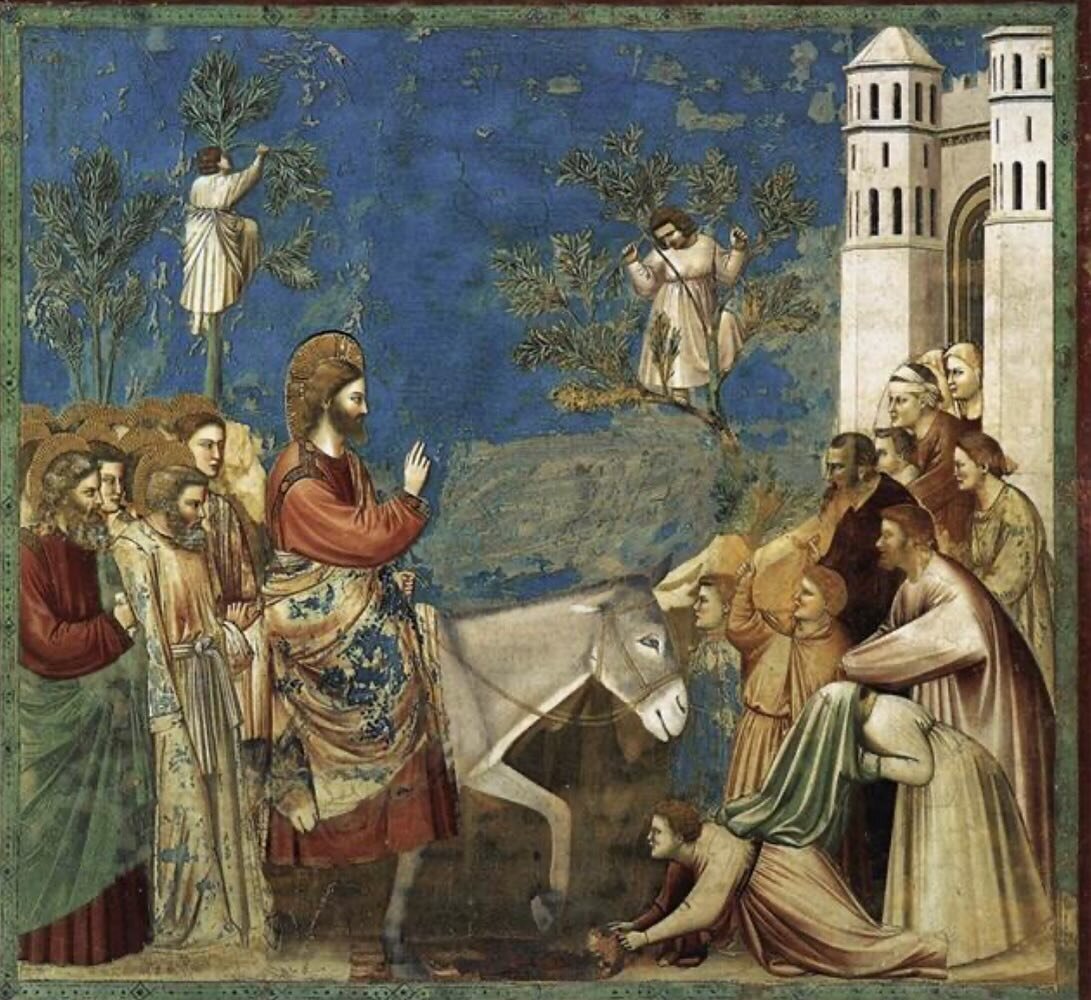 The Entry into Jerusalem&hellip;

Giotto.
.
&ldquo;They took branches of palm trees and went forth to meet him, and cried, Hosanna! Blessed is he who comes in the name of the Lord&ldquo;. John 12:13