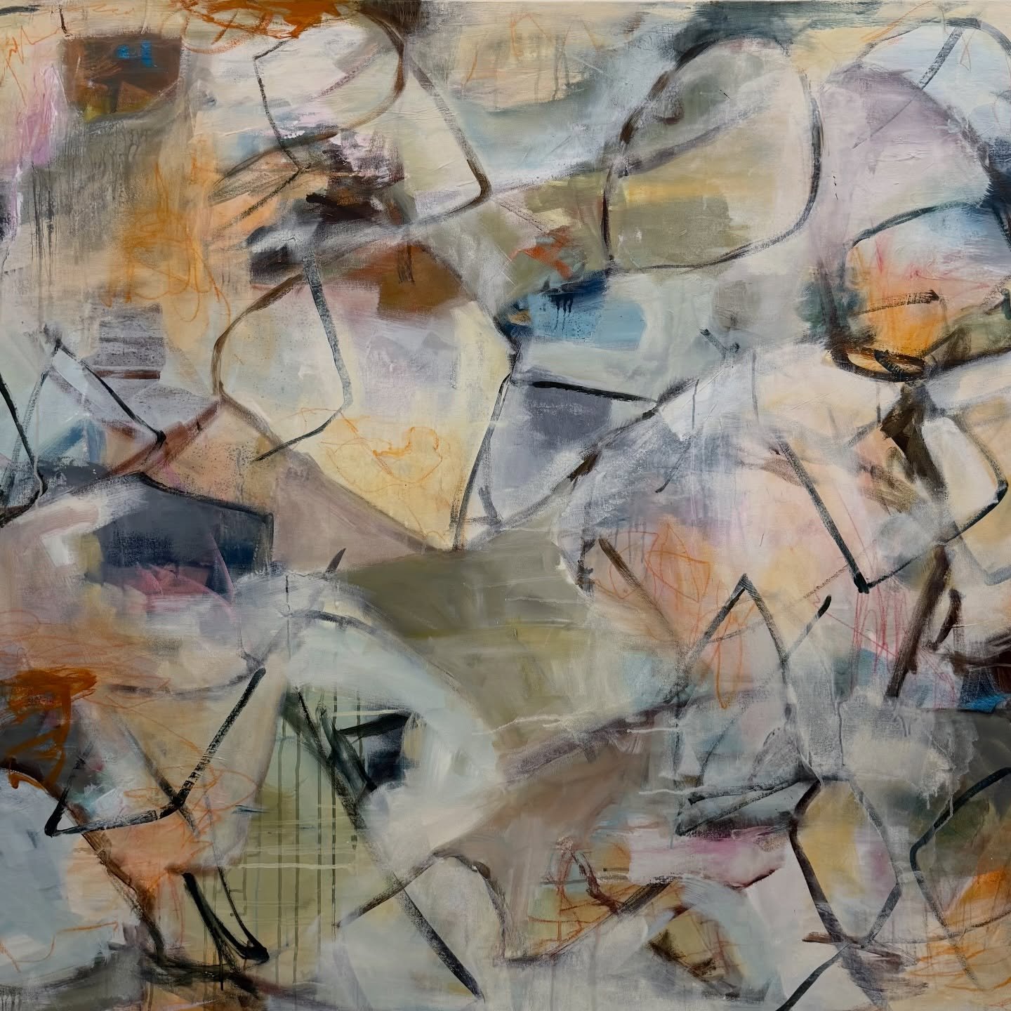 Current work in studio, swipe to see more views from the studio as it progressed. I am liking how the palette is  colorful yet the overall feeling of the painting is calming neutral feel.
.
The Shallows
48&rdquo; x 60&rdquo;
.
https://www.kellydillar