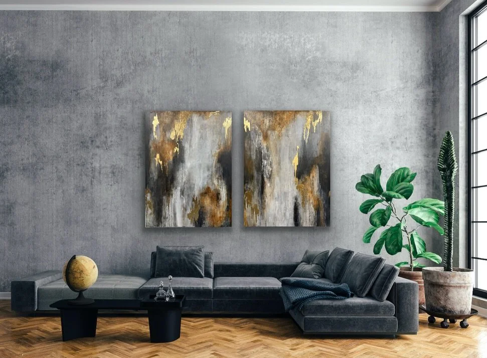 SOLD! So grateful this pairing is gracing the walls of a gorgeous new home and benefiting St. Jude&rsquo;s! 
..
Abstract monochromatic diptych in brown, grey, and gold. Designed to feel grounded, modern, and softly luminous
.
#southlaketexas 
#texasi