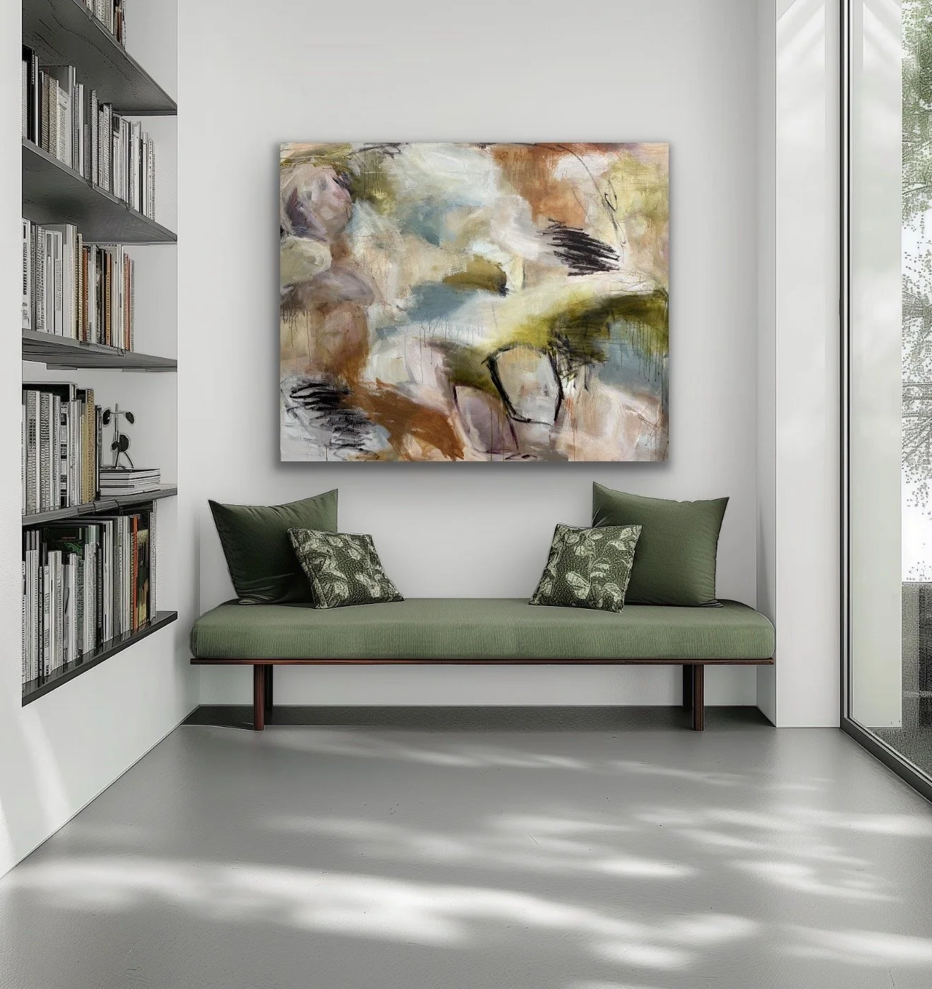 Modern interior with a green cushioned bench, decorative pillows, an abstract painting on the wall, a bookshelf on the left, and a large window on the right allowing natural light.
