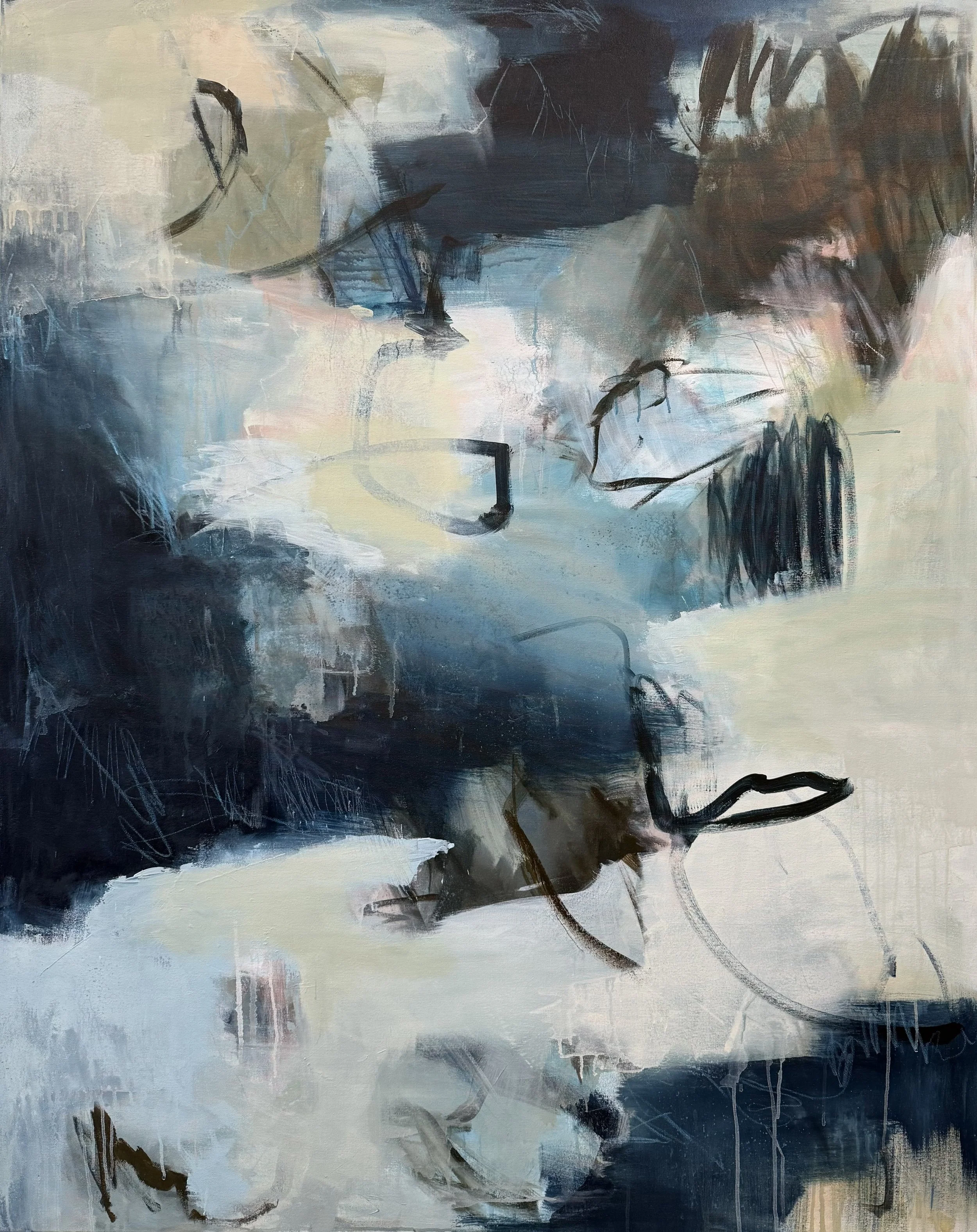 Abstract painting with bluish, gray, black, and beige tones, featuring sweeping brushstrokes, lines, and textures.