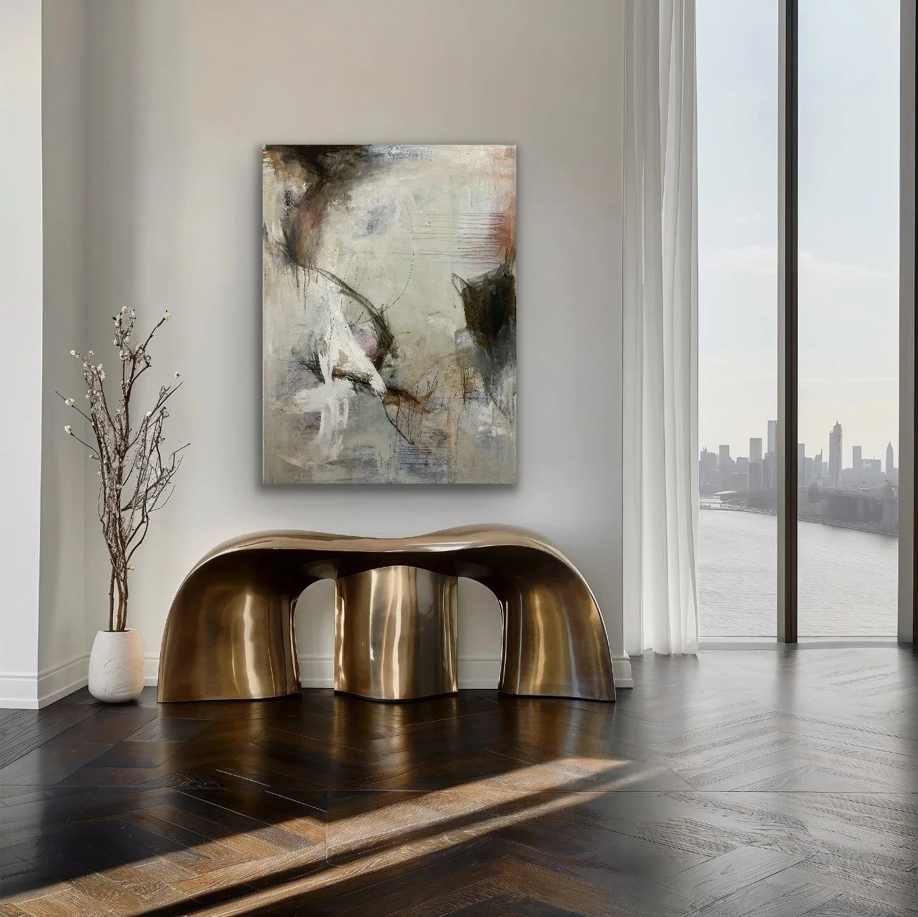 Interior of a modern apartment with a gold-colored sculptural bench, abstract painting on the wall, a vase with branches on the floor, and large floor-to-ceiling windows showing a city skyline and river outside.