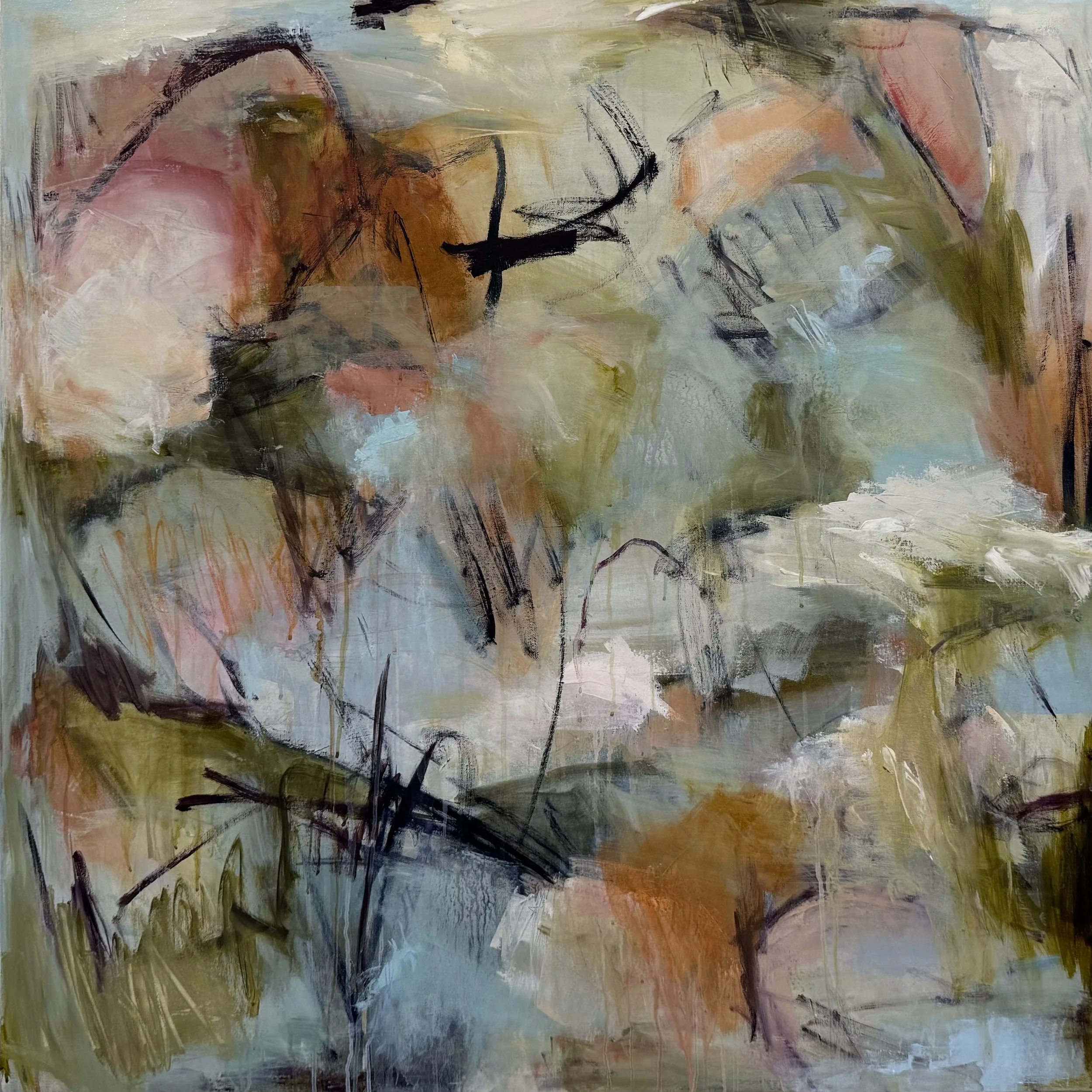 Abstract painting with soft pastels and dark green line accents suggesting leaves and natural forms, by Texas artist Kelly Dillard.