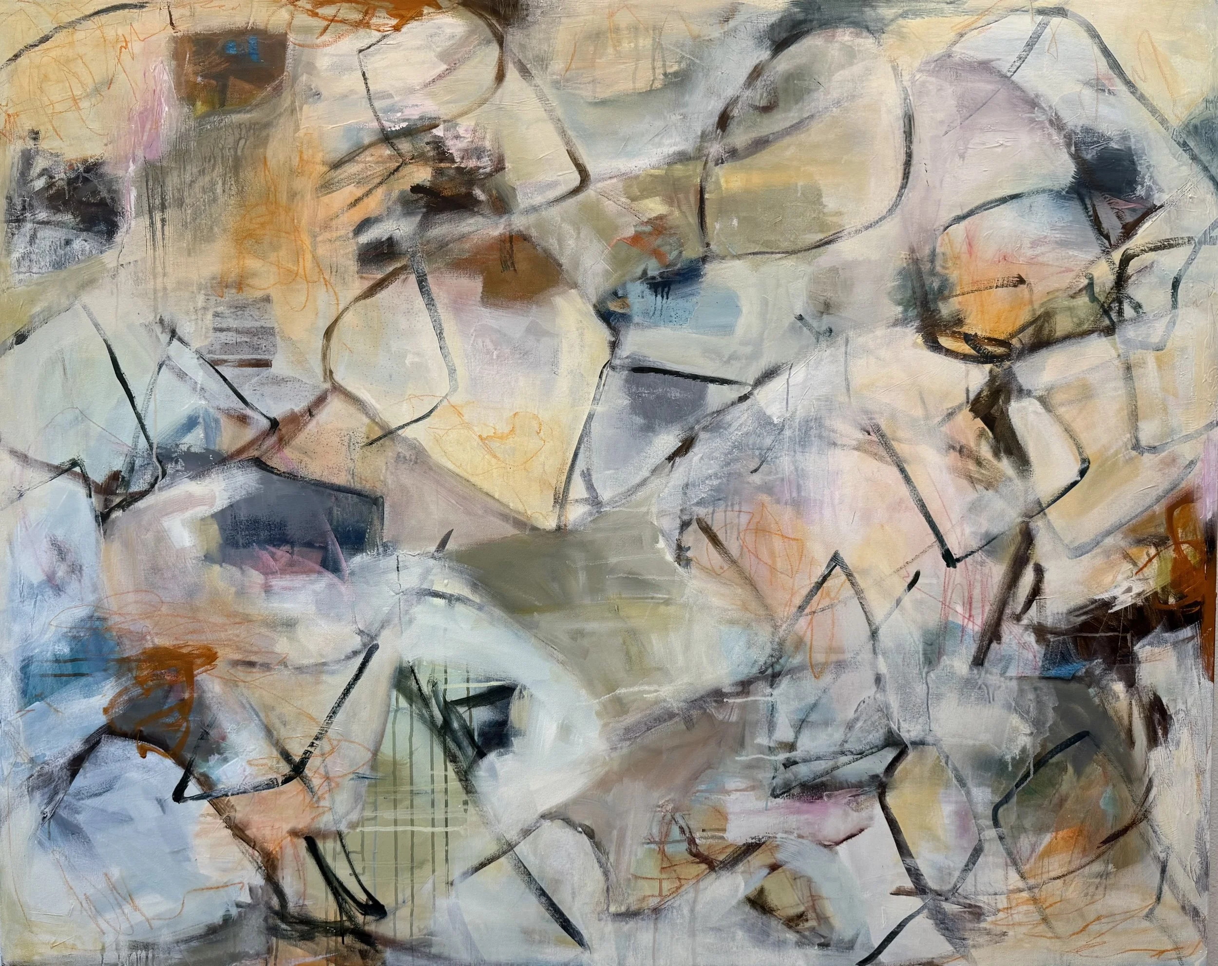 Abstract painting with light colors and black lines creating a fragmented, layered composition.