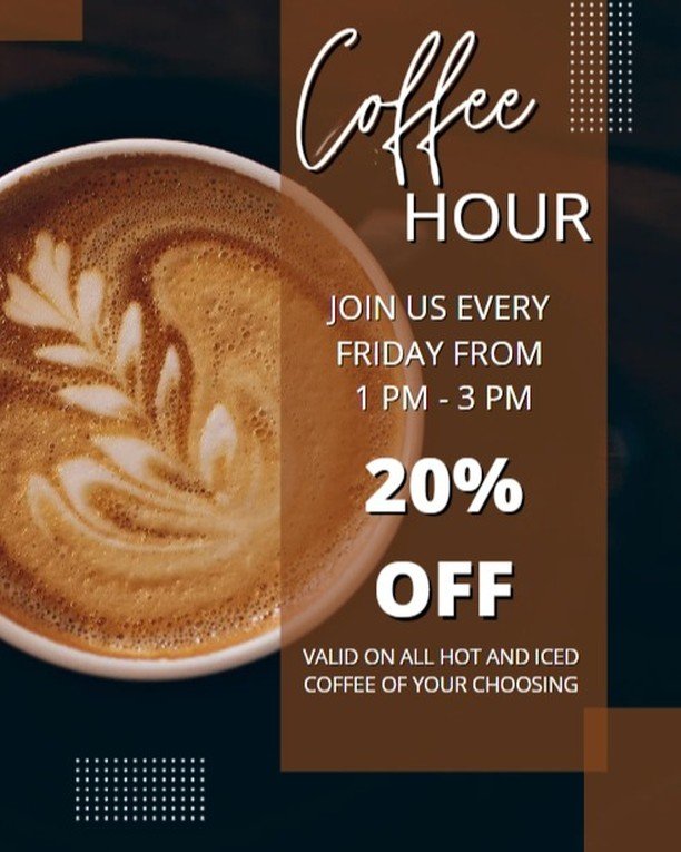 We are so excited to introduce Coffee Hour here at Cafe 10:31! Every Friday from 1 pm - 3 pm save 20% on all hot or iced coffee drinks of your choice. 

Come grab your afternoon pick me up today!

#coffeehour #cafe1031coffee #townsend #delaware #midd
