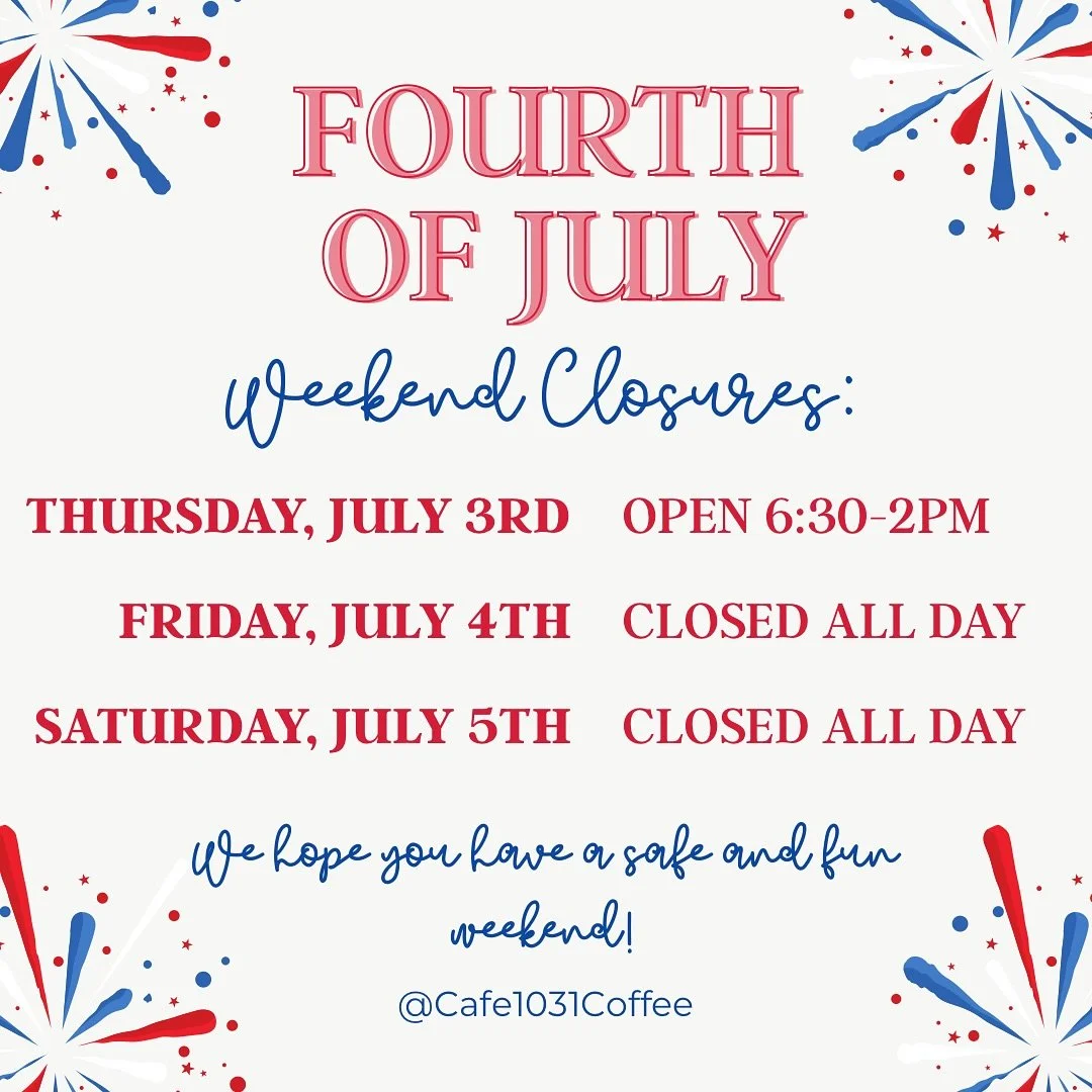 🇺🇸Our Fourth of July Closures!🇺🇸

We are closing this Friday and Saturday, July 4-5th, to enjoy the long weekend! Come visit us tomorrow to get your caffeine fix☕️

We hope you do the same! Have a safe and fun weekend!!

#cafe1031de #coffeeandcom