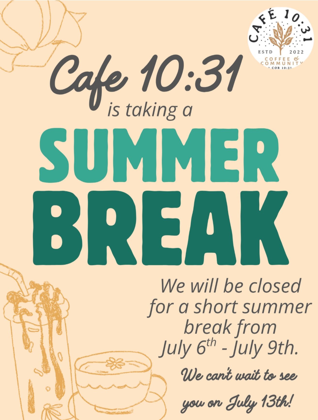 Taking a little vacation!  Can&rsquo;t wait to see you all when we get back ❤️. Come in next week to catch up on your  Cafe 10:31 fix and get a special 20% off if you mention this post!