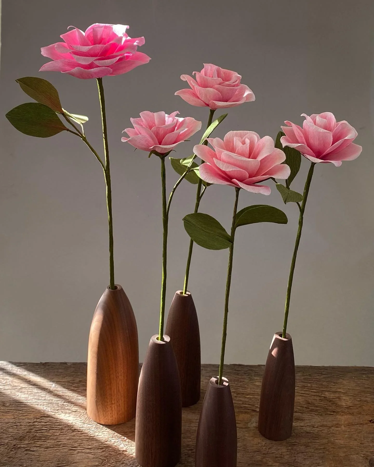 Roses by HOPE Paper Flowers. Vases by Small Goods Design. Coming soon to a craft show near you! #paperflowers #handmade #woodworking #artridercrafts