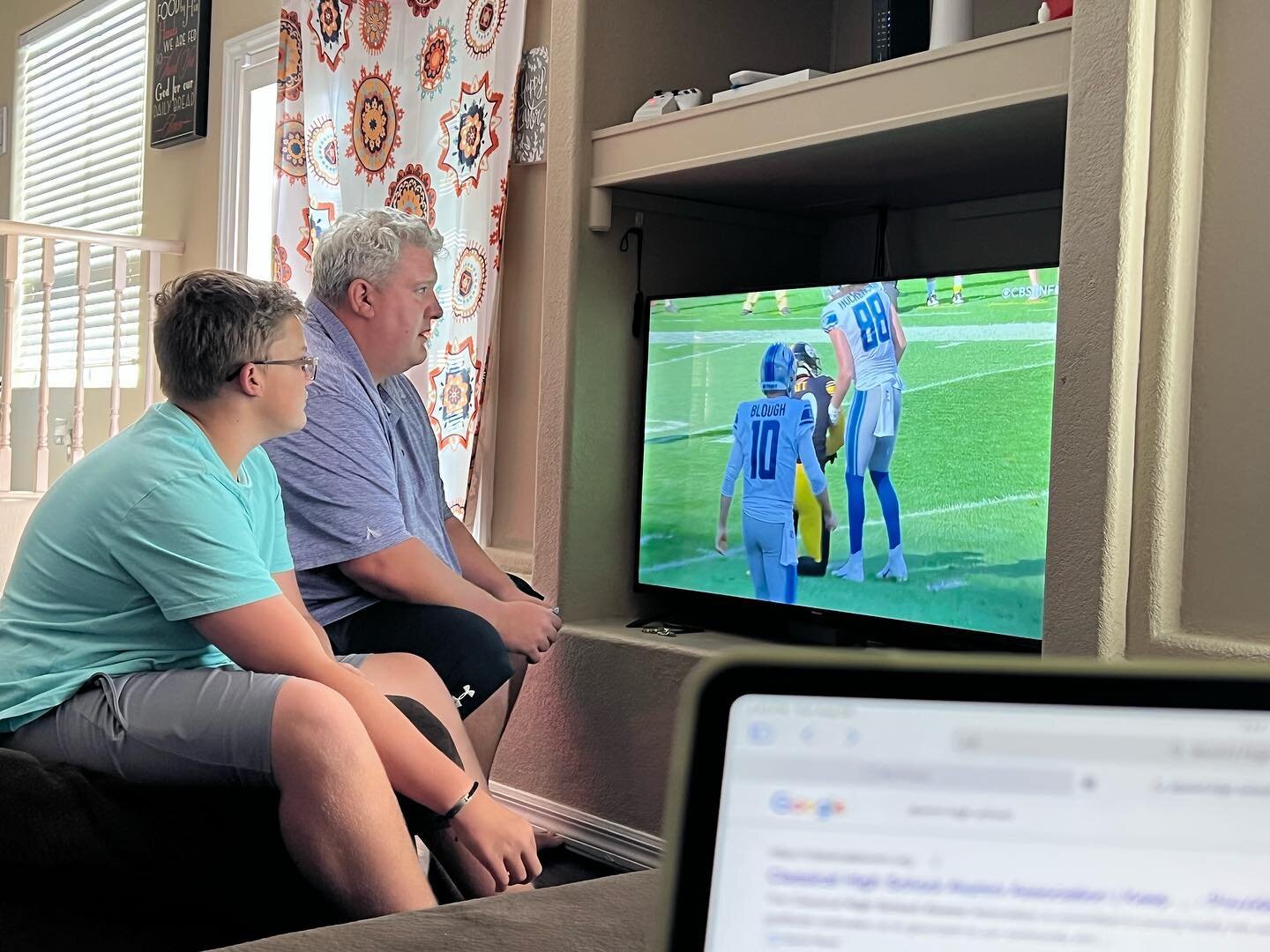 I&rsquo;m doing research for work and the boys are studying football. Maverick has his first tackle game this Wednesday so they are all business right now. Makes me happy that Mav loves it so much and that he gets to have his dad as his coach 💙