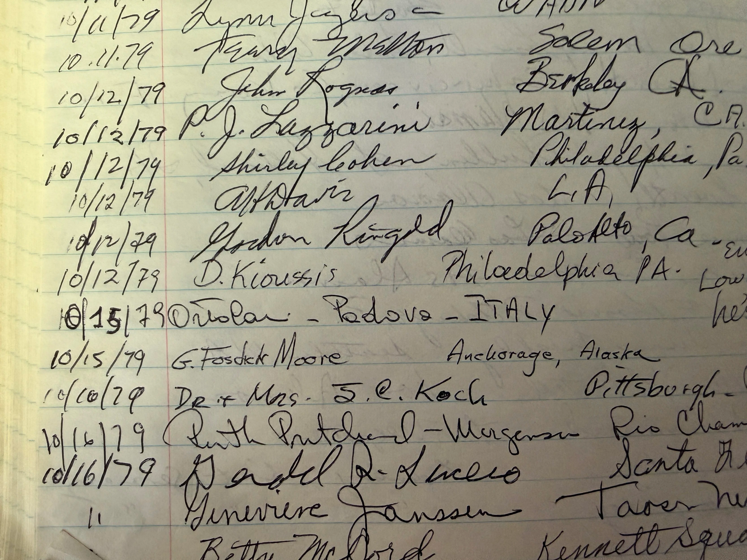 Image of a piece of paper with names and dates from a ledger of visitors to the Fuller Lodge Art Center in 1979