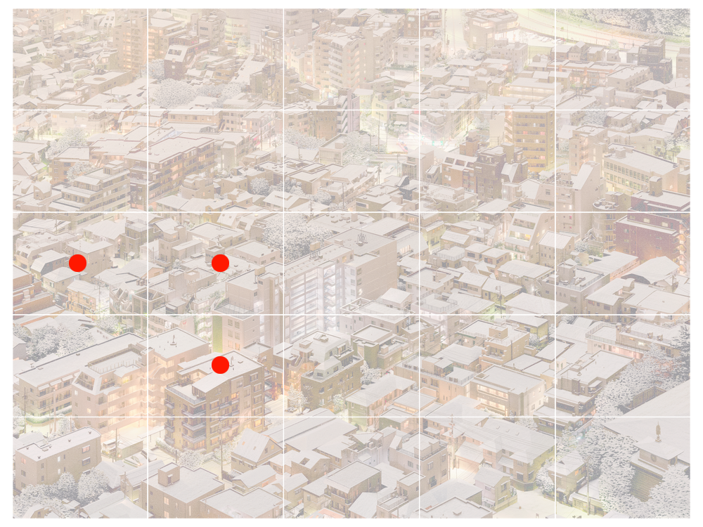 An aerial view of a densely packed urban area with multiple apartment buildings and houses covered in snow, with tree-lined streets and illuminated windows at dusk.