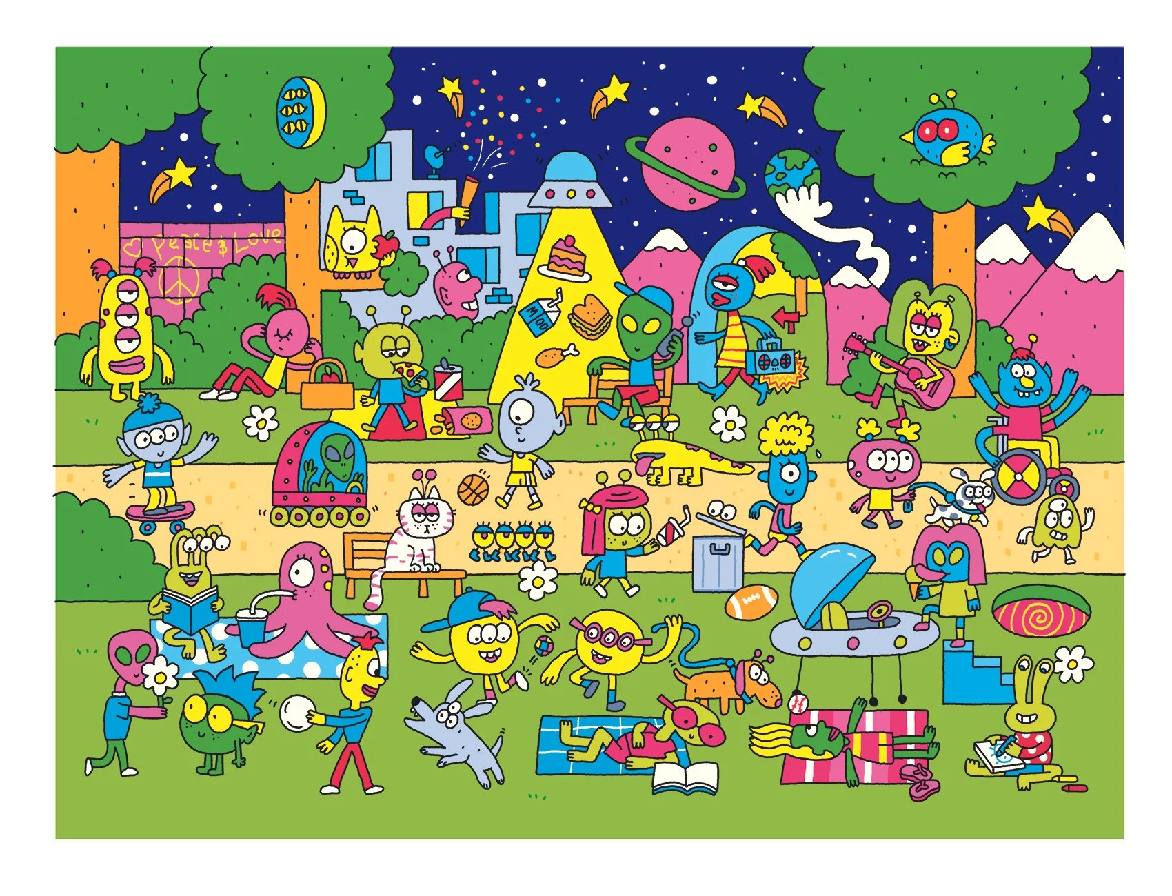 A park in outer space, on a distant planet.