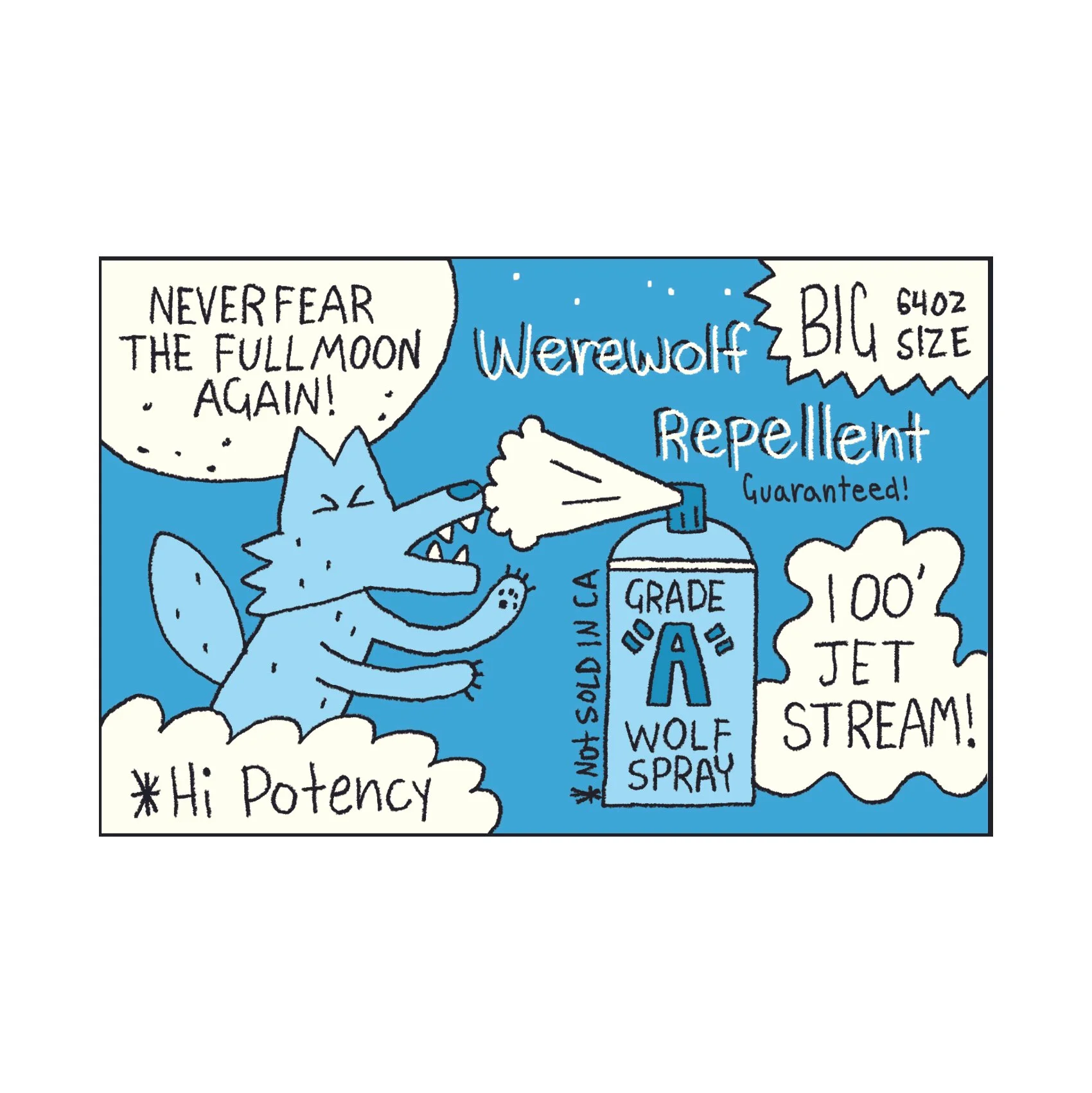 Advertisement for Werewolf Repellent. Blue color palette