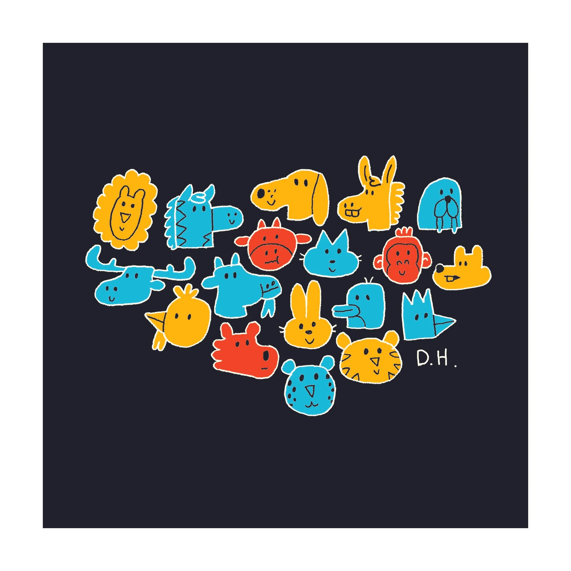 Assortment of cute animal heads in different colors with black background.