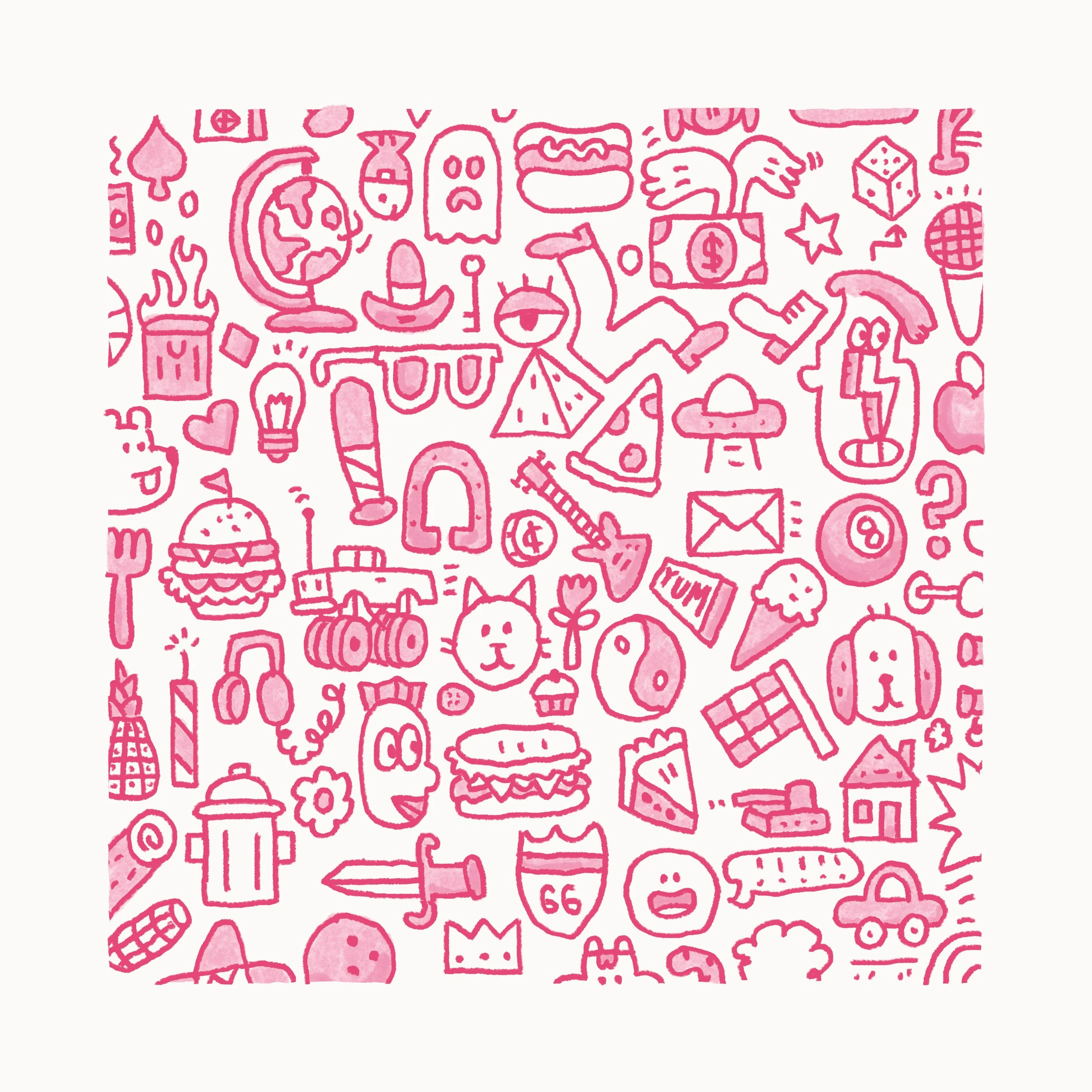 Collage of different symbols and characters. The color palette is a pinkish red.