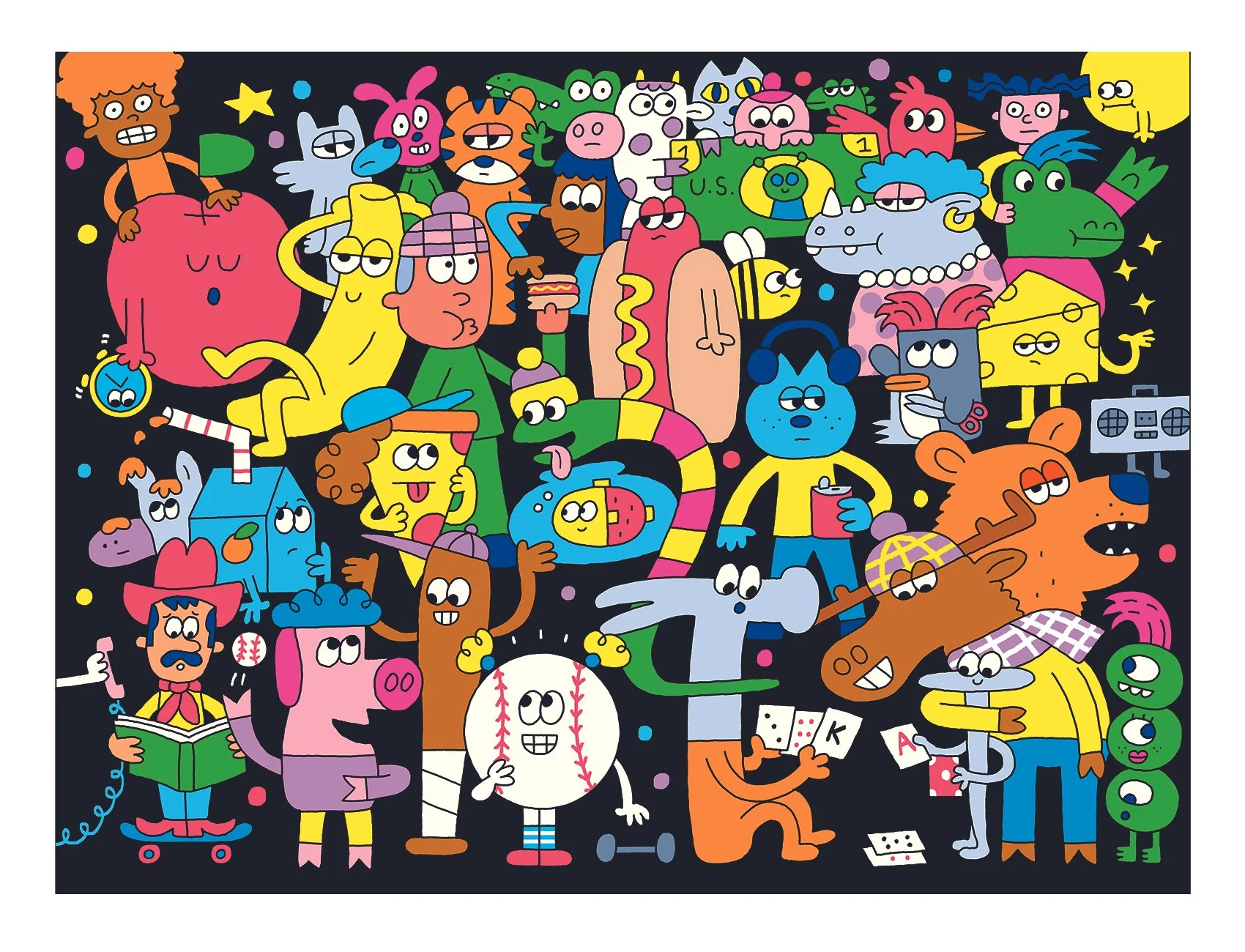 Collage of colorful characters on a black background. Characters are both anthropomorphic animals and objects as well as humans.