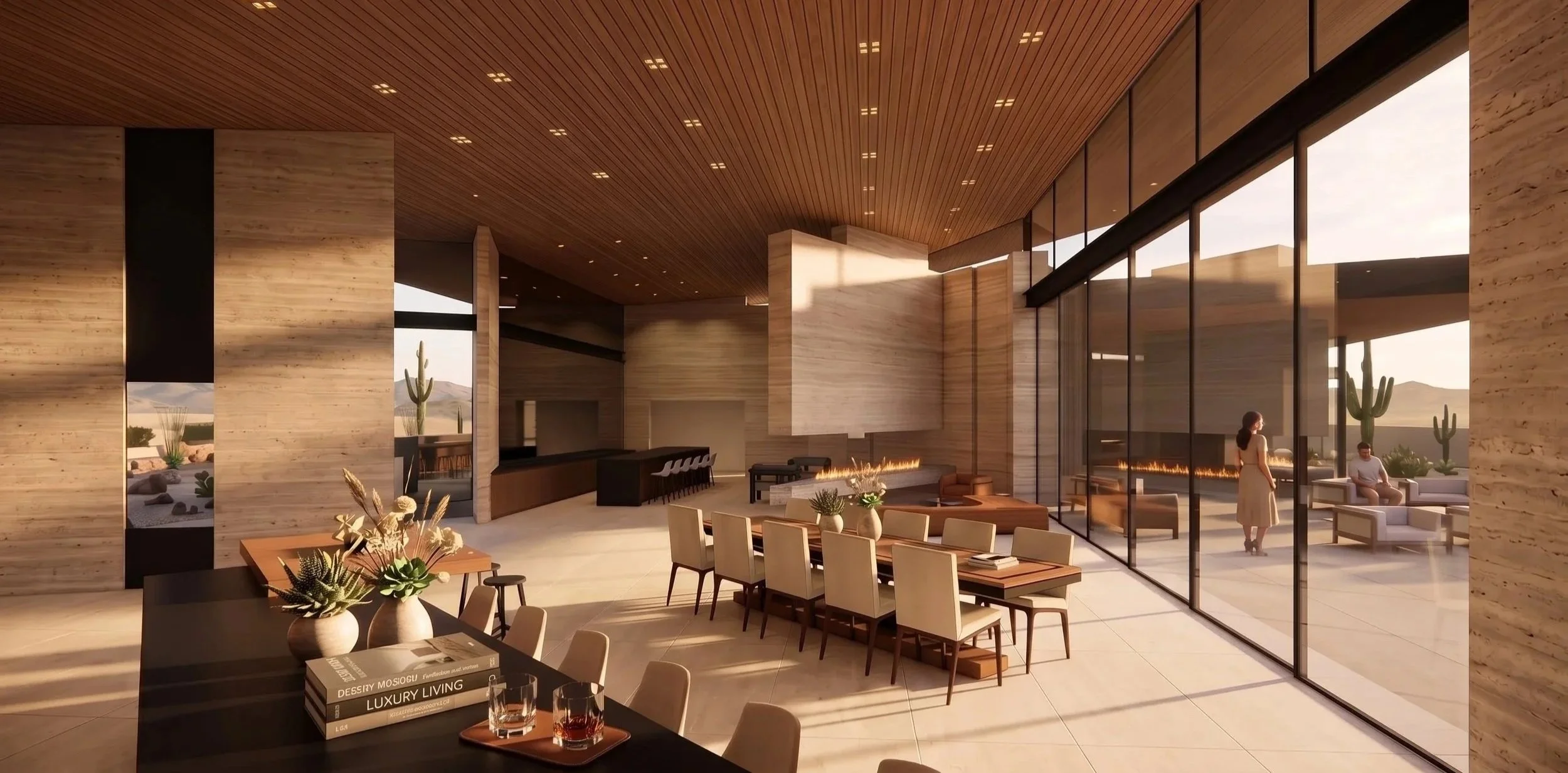 Modern open-concept living and dining area with floor-to-ceiling windows, in Paradise Valley, Arizona
