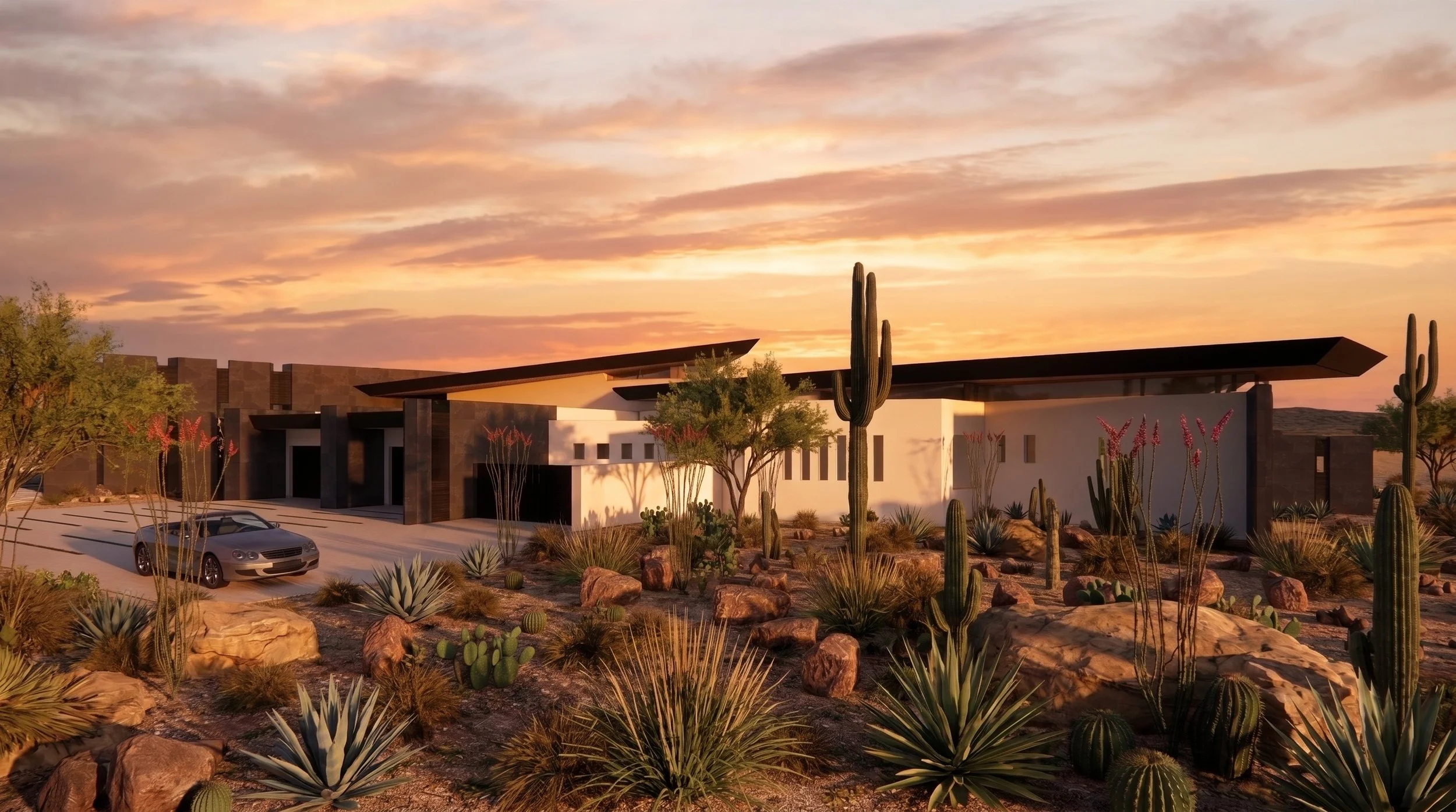 Modern house with desert landscaping in arizona
