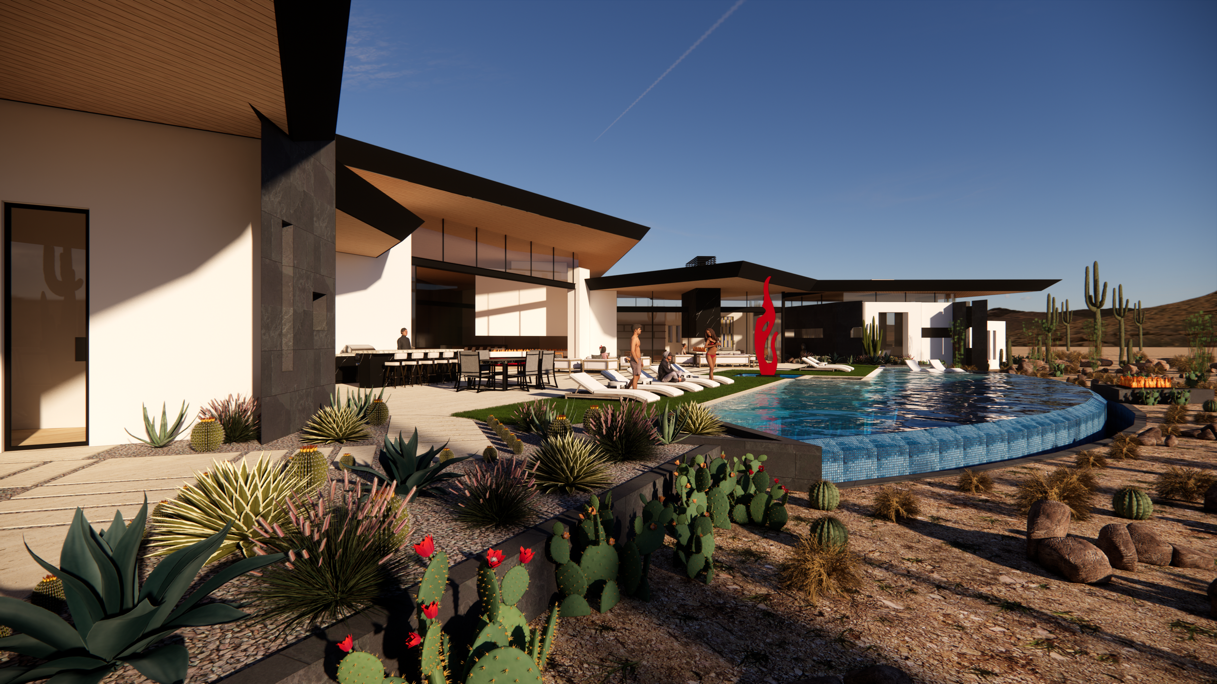 Modern desert-style house with a swimming pool, surrounded by cacti and desert plants, with a seating area and outdoor dining, overlooking a mountainous landscape under clear blue sky.