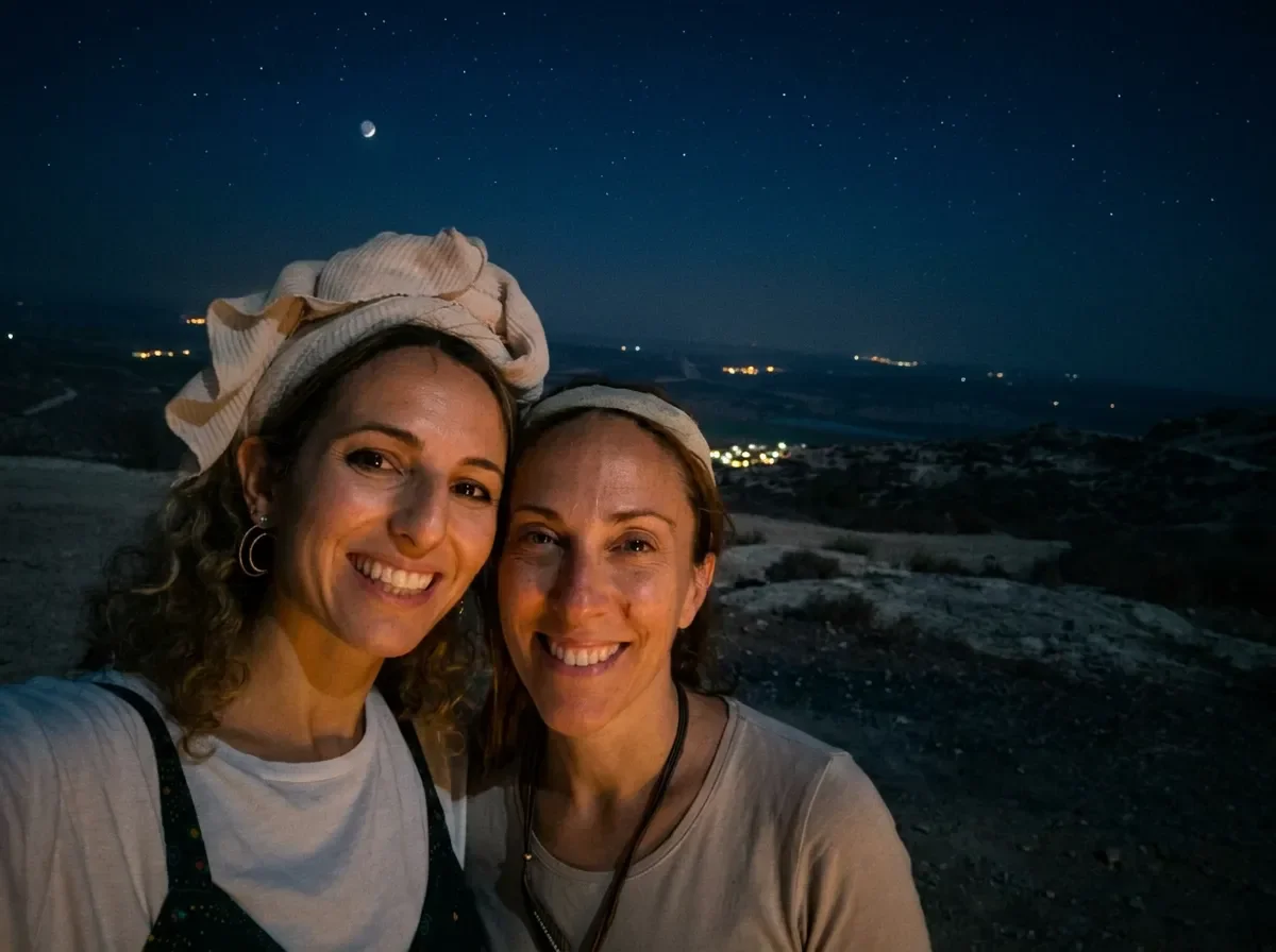 Ruthie Ayzenberg and Rachelle Tehila smiling together outdoors at night