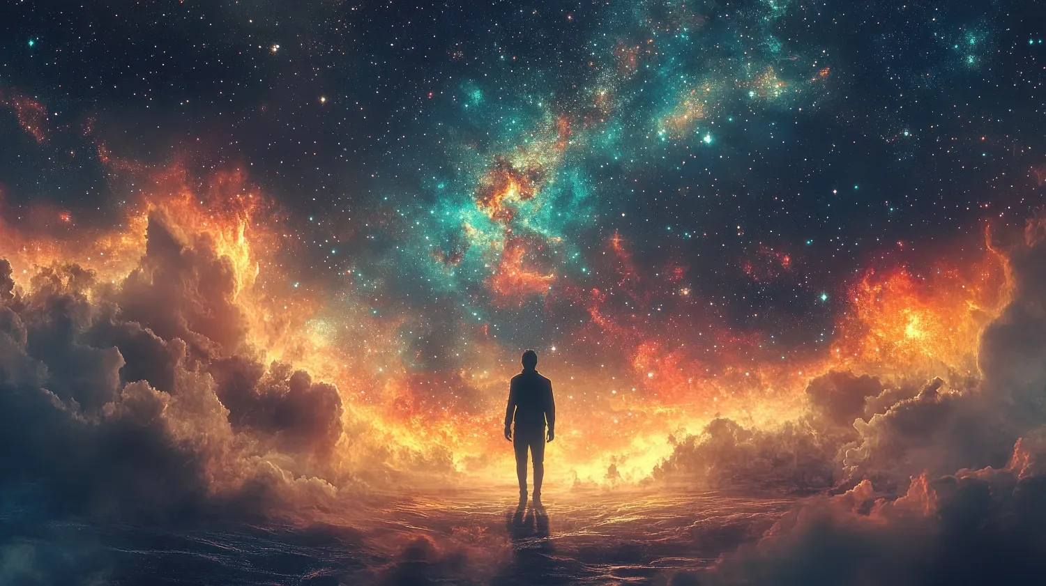 Person standing beneath a colourful cosmic sky.