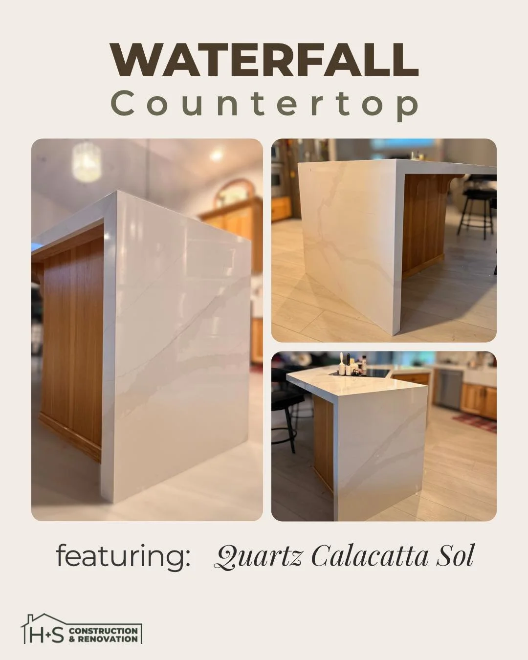 Waterfall Countertop!
Clean lines. Seamless flow. Timeless elegance.
This kitchen remodel features a Quartz Calacatta Sol waterfall edge &mdash; expertly crafted to bring both luxury and durability to the heart of the home. A perfect blend of modern 