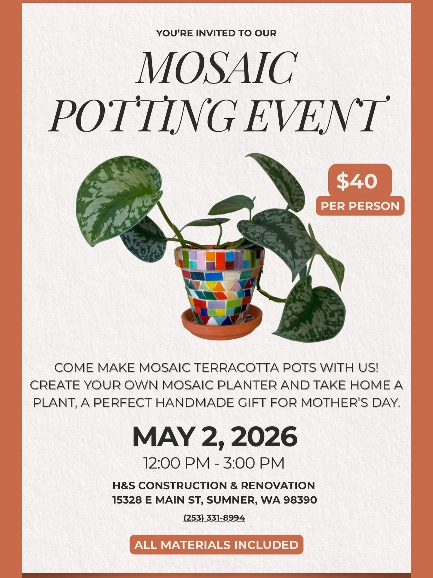 You&rsquo;re invited 🌿
Join us for a Mosaic Potting Event at H&amp;S and create your own mosaic terracotta planter to take home. Each guest will leave with a handmade piece and a plant&mdash;just in time for Mother&rsquo;s Day.
All materials are inc