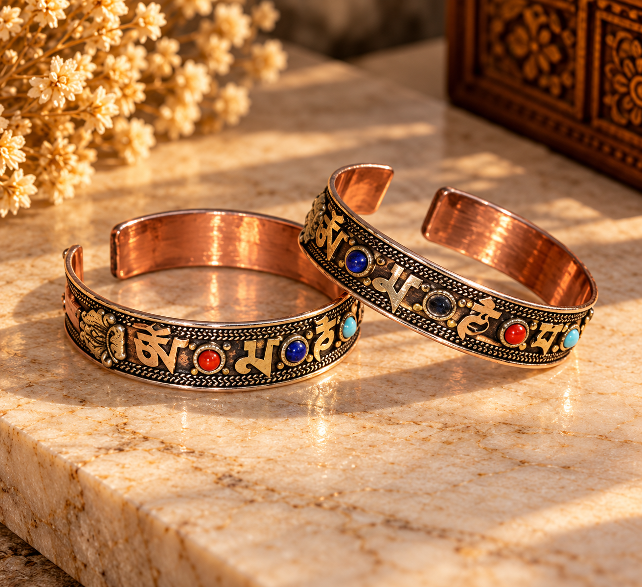 Ornate Copper Cuffs in Golden Light.png