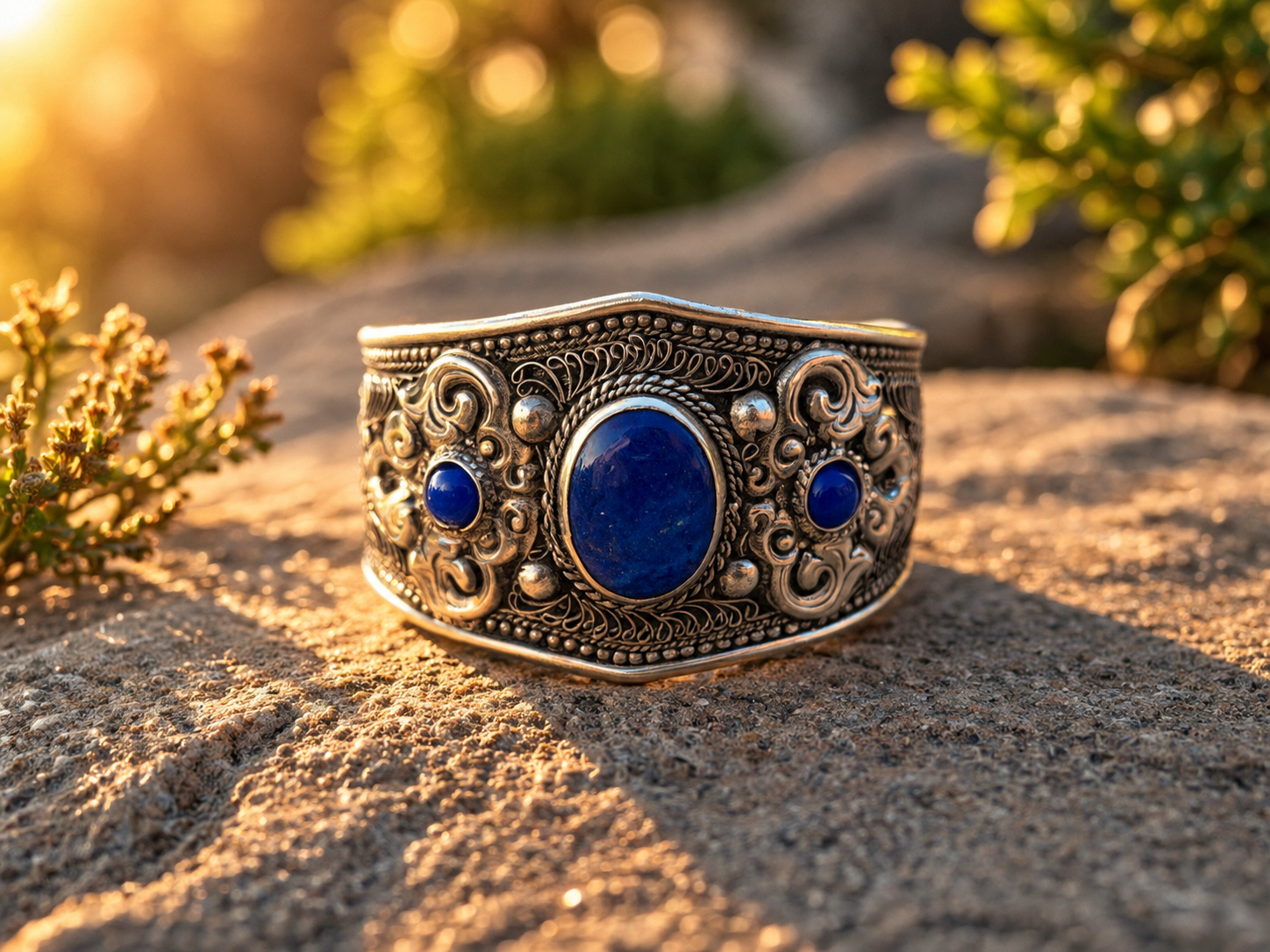 Ornate Blue Stone Silver Cuff on Sunlit Stone.png