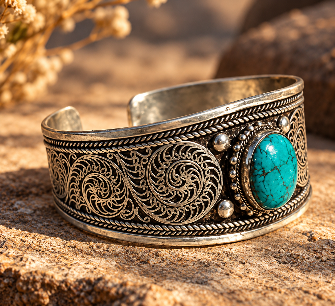 Ornate Turquoise Silver Cuff on Stone.png