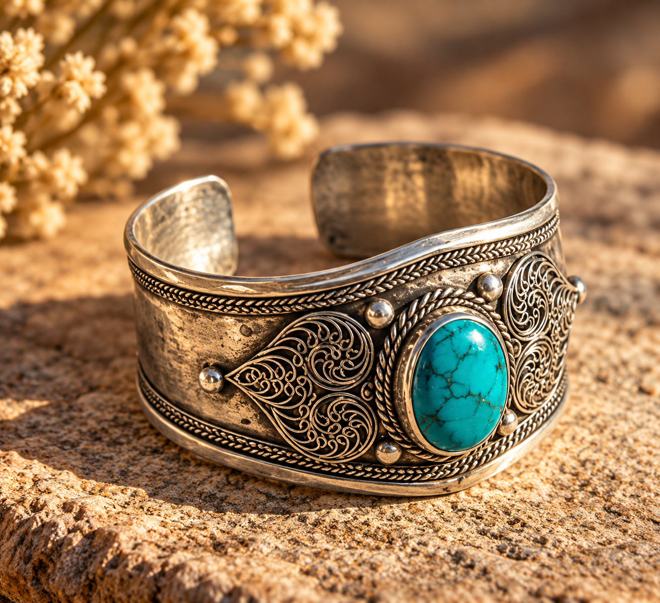 Turquoise Filigree Cuff in Golden Light.png