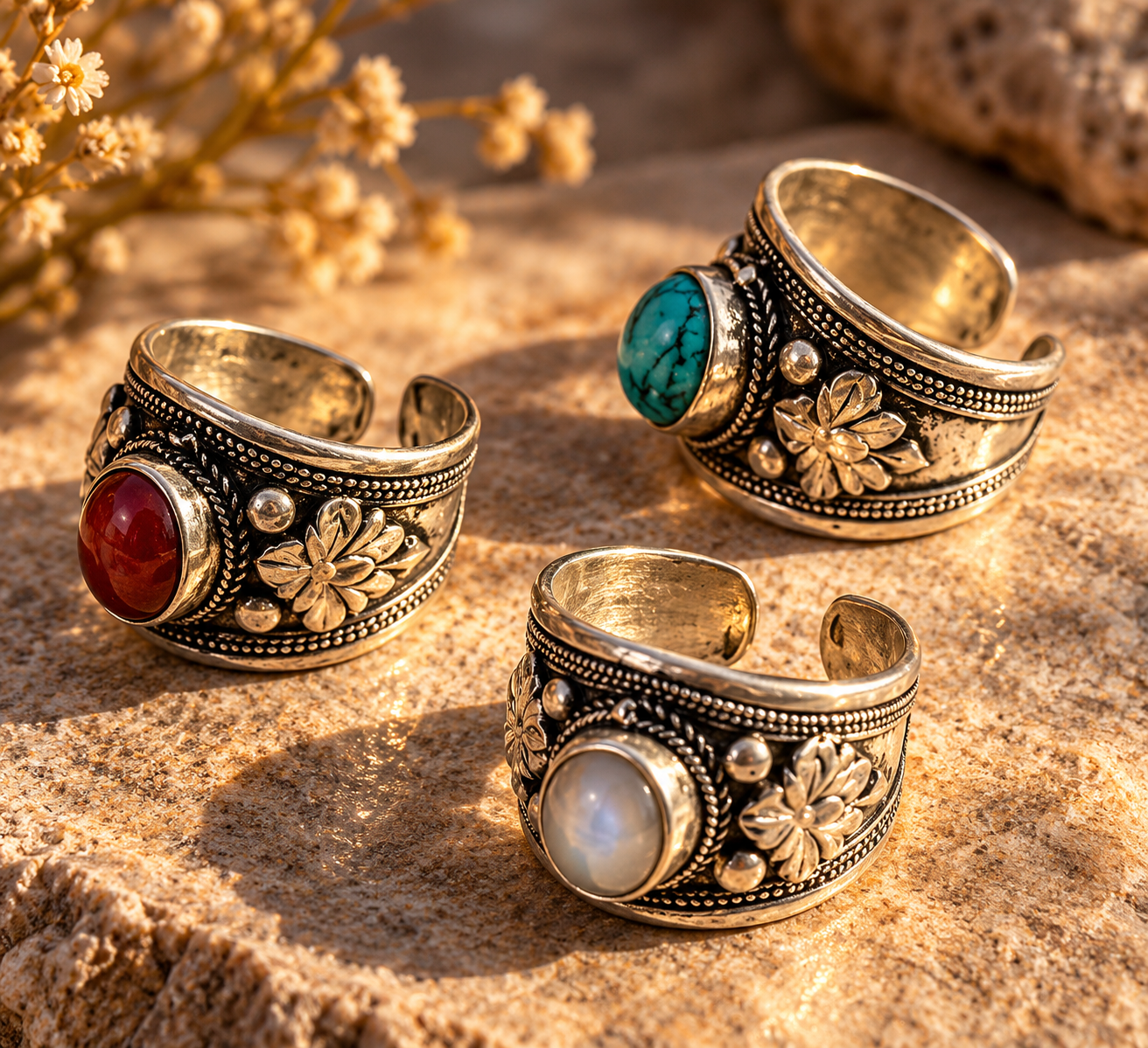 Ornate Silver Rings on Sunlit Stone.png