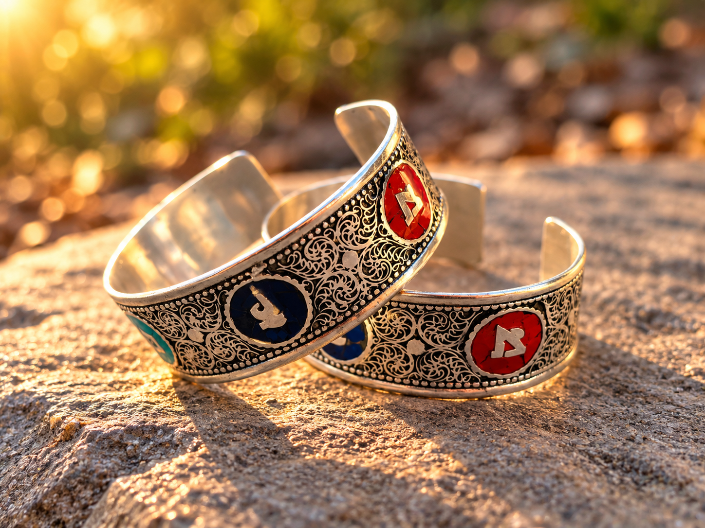 Ornate Silver Cuffs in Golden Light.png