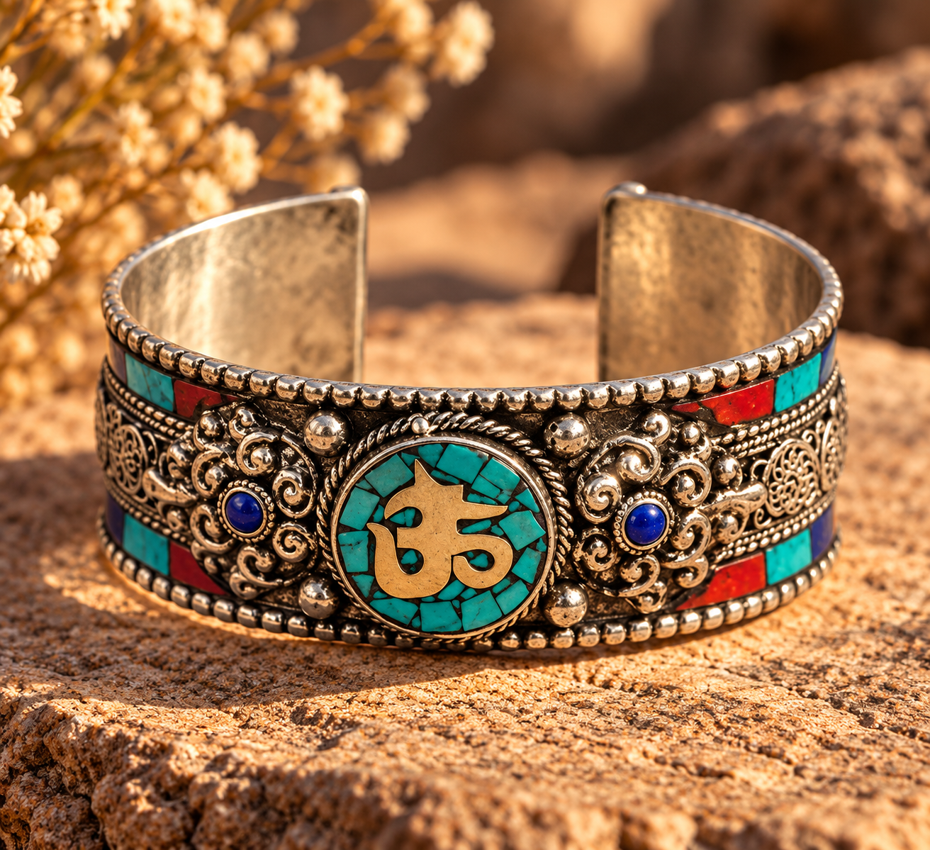 Ornate Turquoise and Silver Om Cuff.png