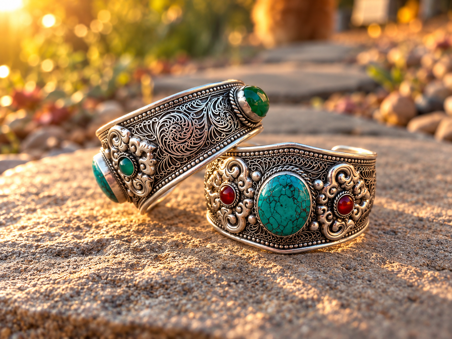Ornate Turquoise Cuffs in Golden Light.png