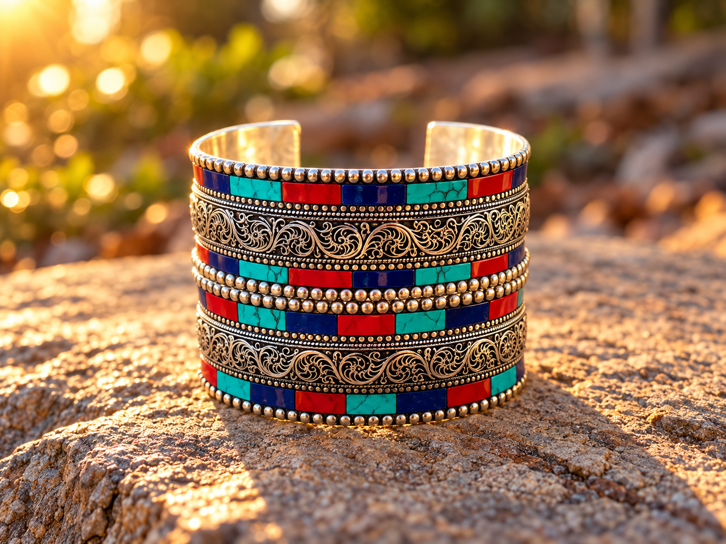 Ornate Turquoise Filigree Cuff at Golden Hour.png