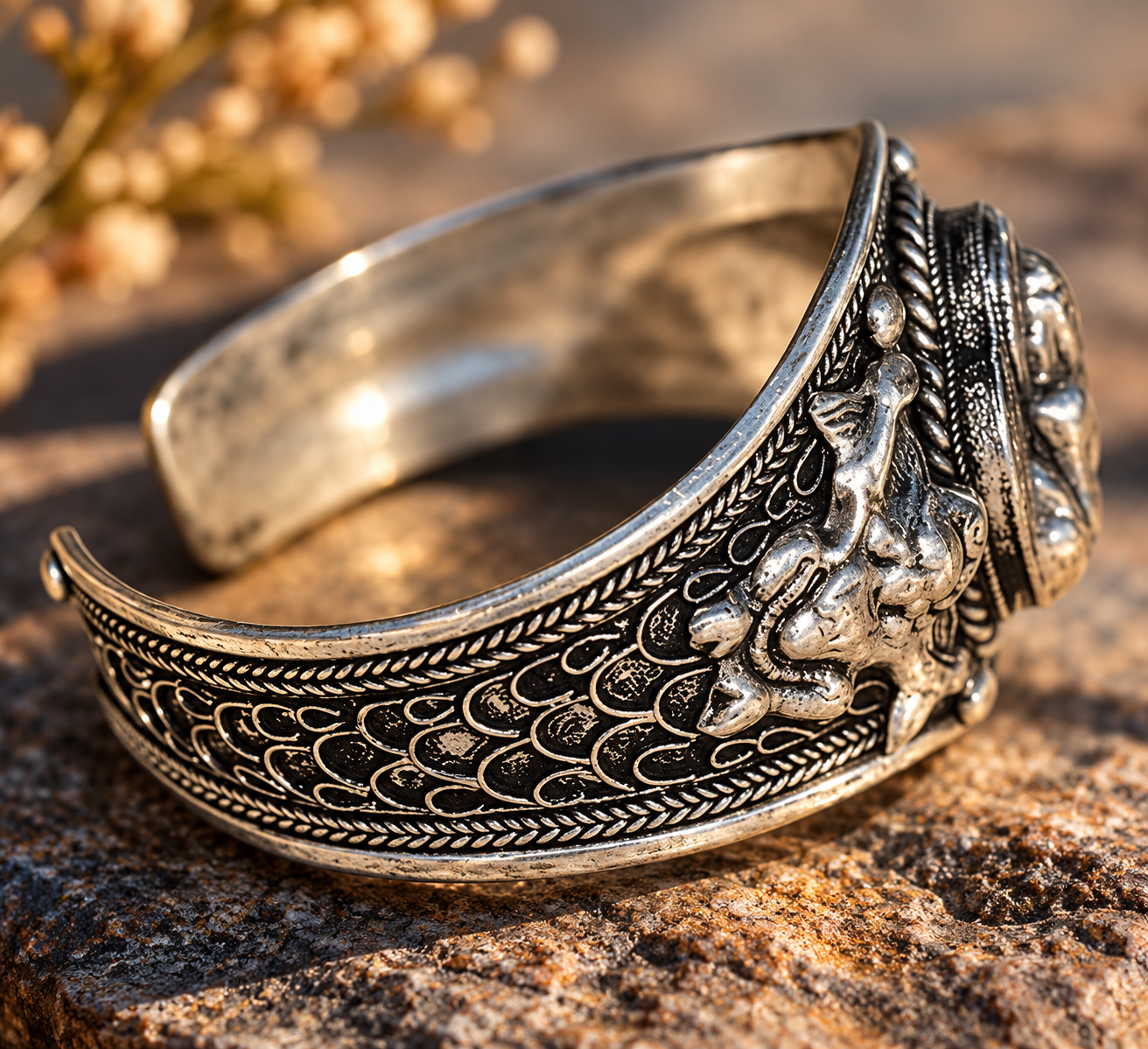 Ornate Silver Dragon Cuff on Stone.png