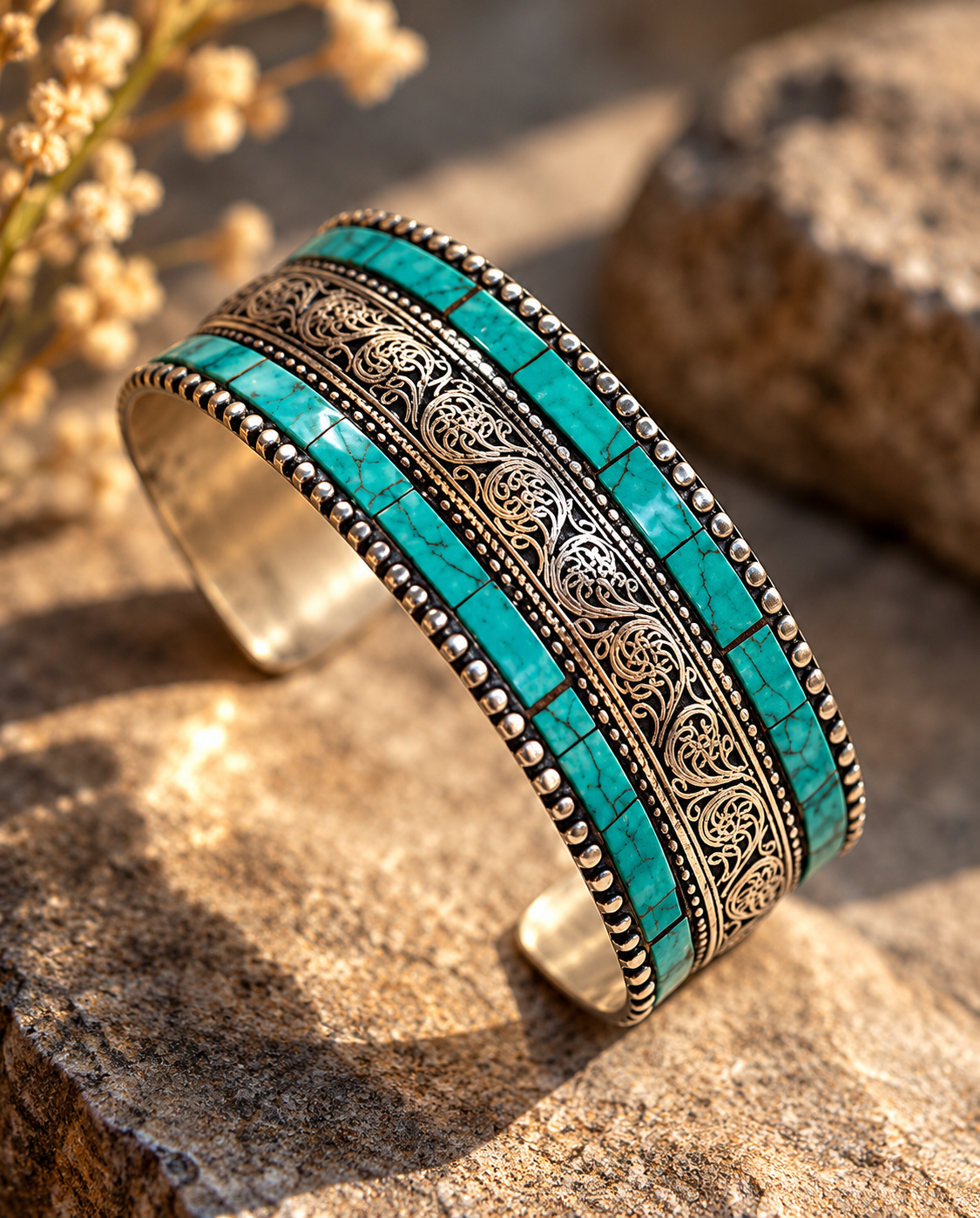 Turquoise Filigree Cuff on Stone.png