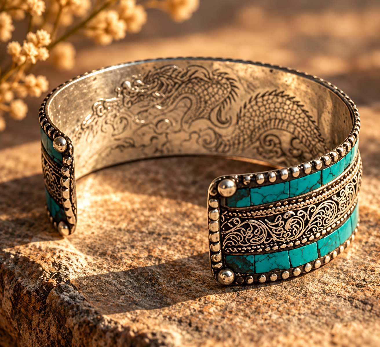 Ornate Turquoise Dragon Cuff on Stone.png