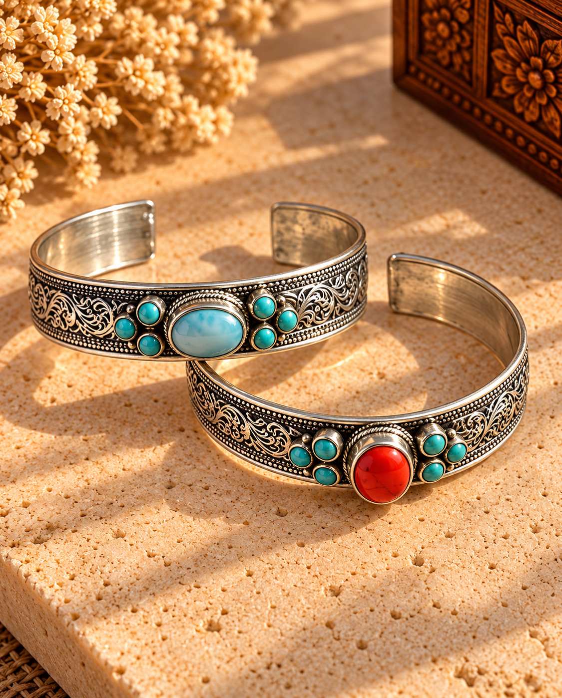 Ornate Turquoise and Coral Cuff Bracelets.png