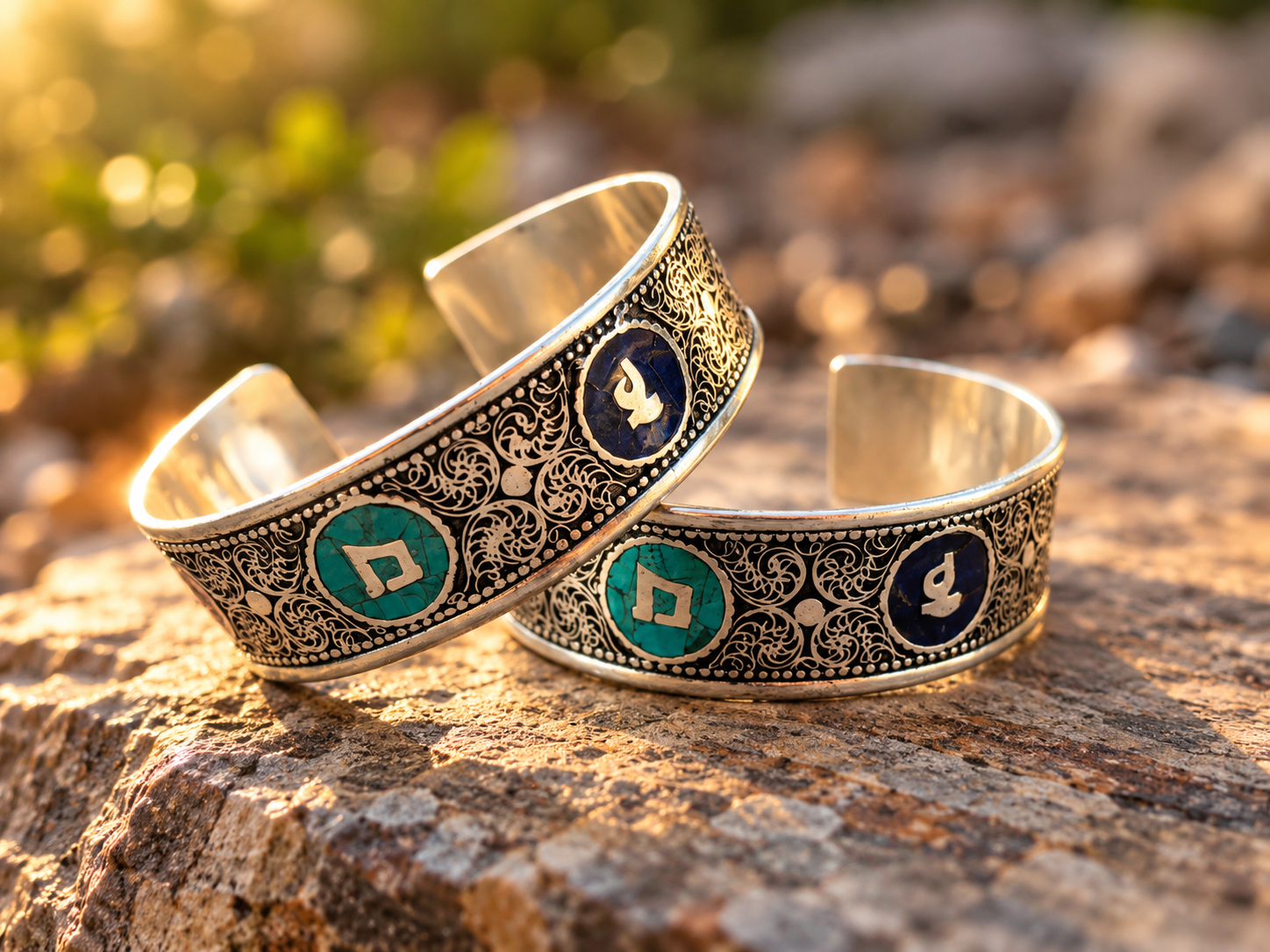 Ornate Turquoise and Lapis Silver Cuffs.png