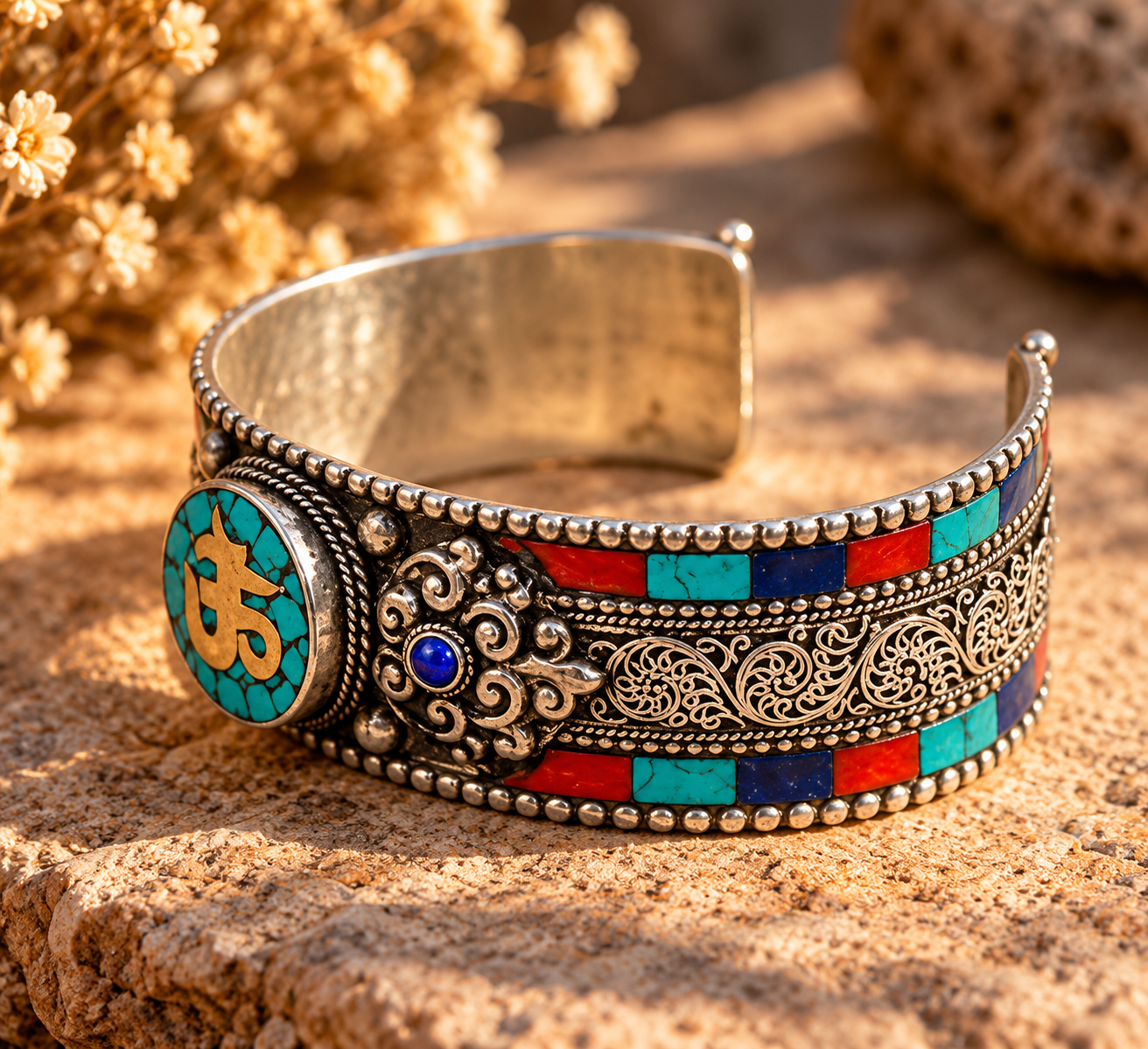 Ornate Turquoise and Coral Silver Cuff.png