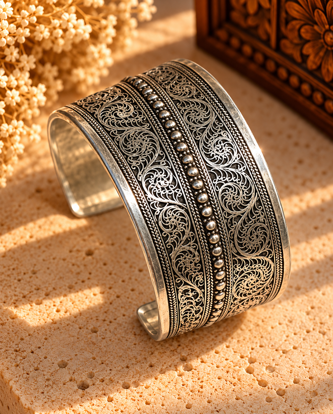 Ornate Silver Filigree Cuff in Warm Light.png