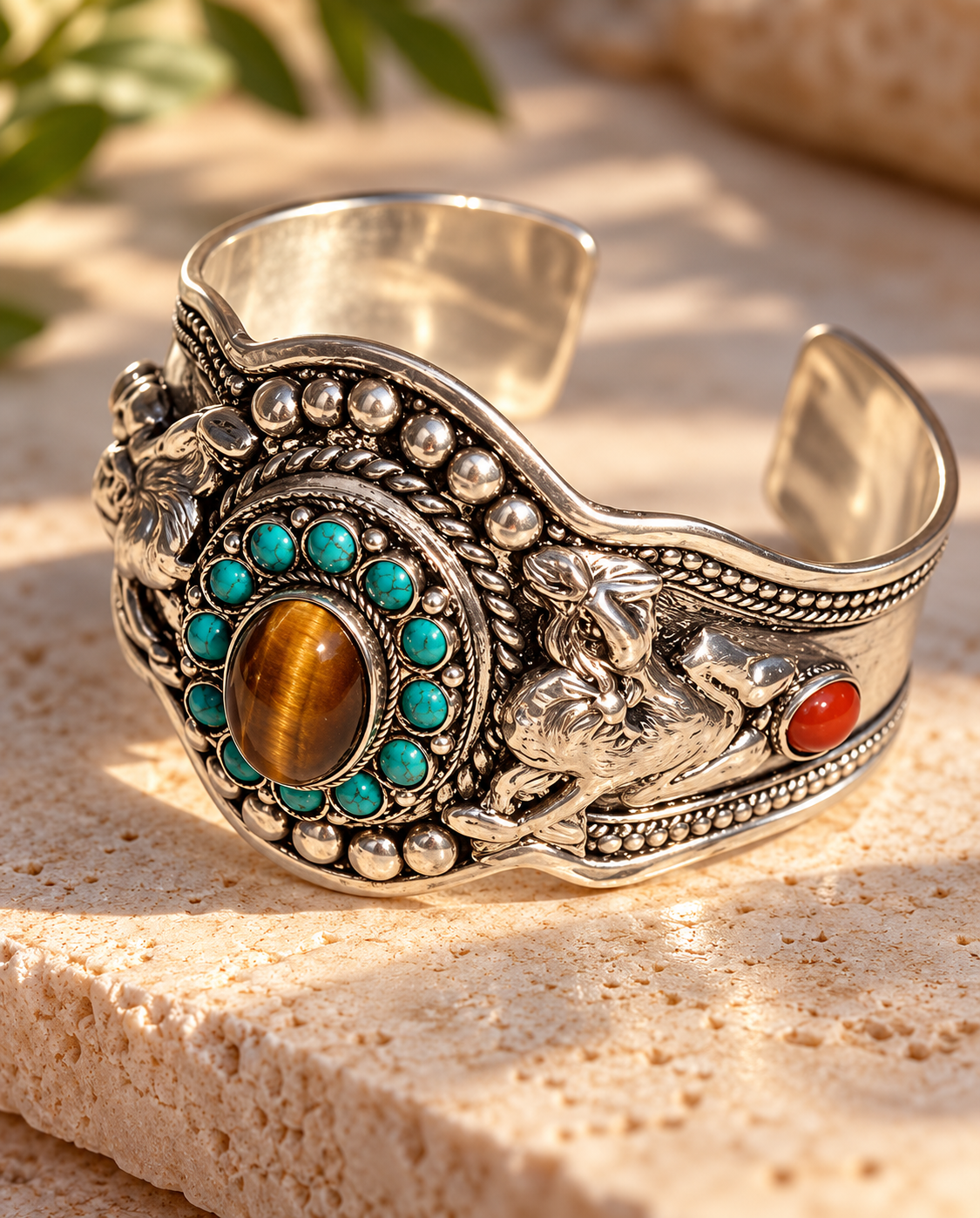 Ornate Tiger’s Eye Turquoise Silver Cuff.png