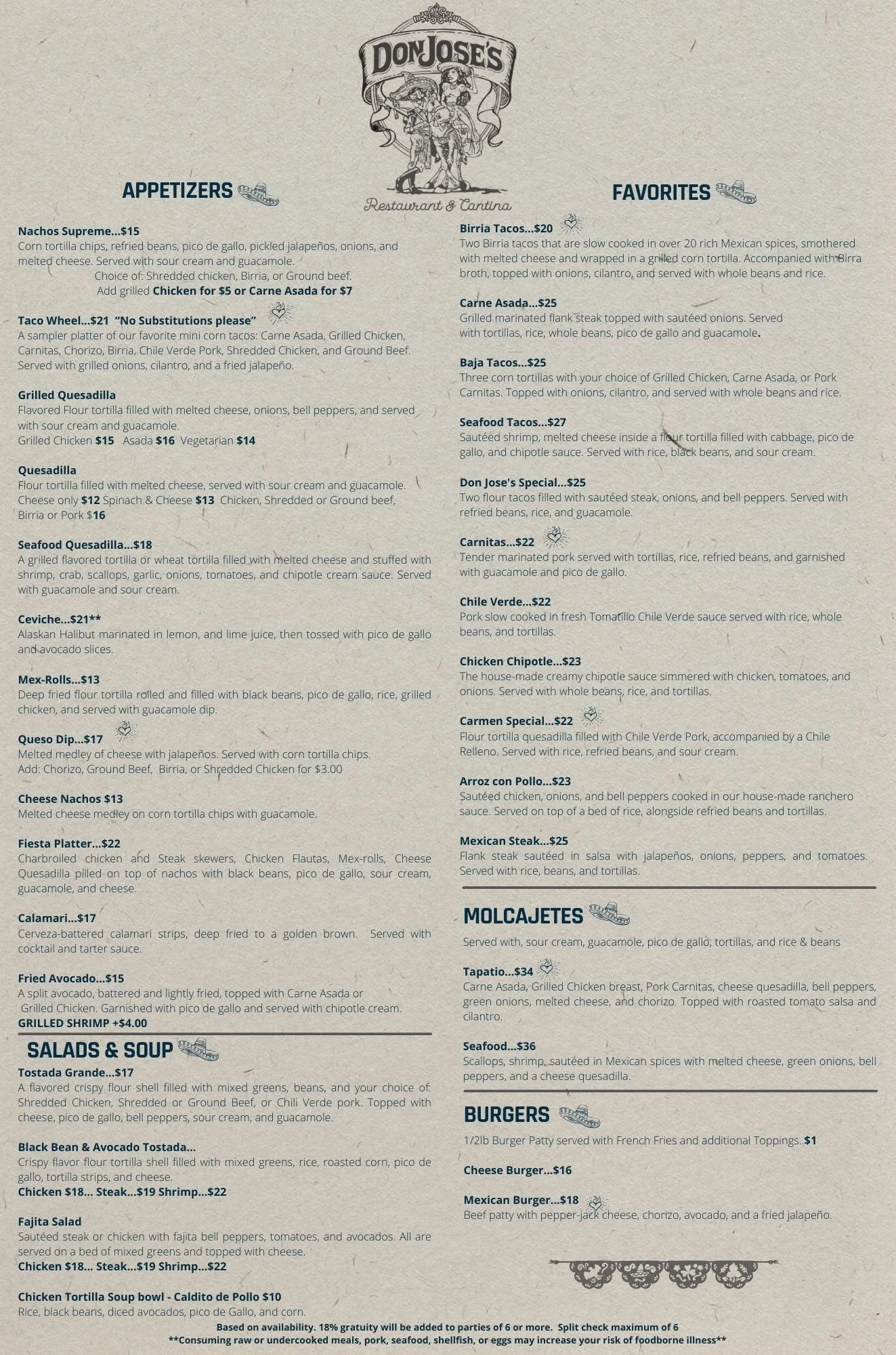 Dinner Menu — Don Jose's Mexican Restaurant