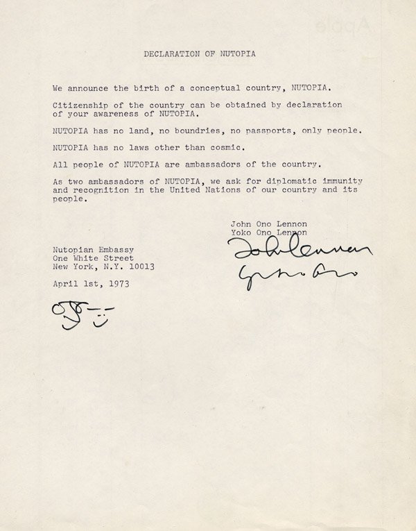 John Lennon, Yoko Ono, 1973, Declaration of Nutopia