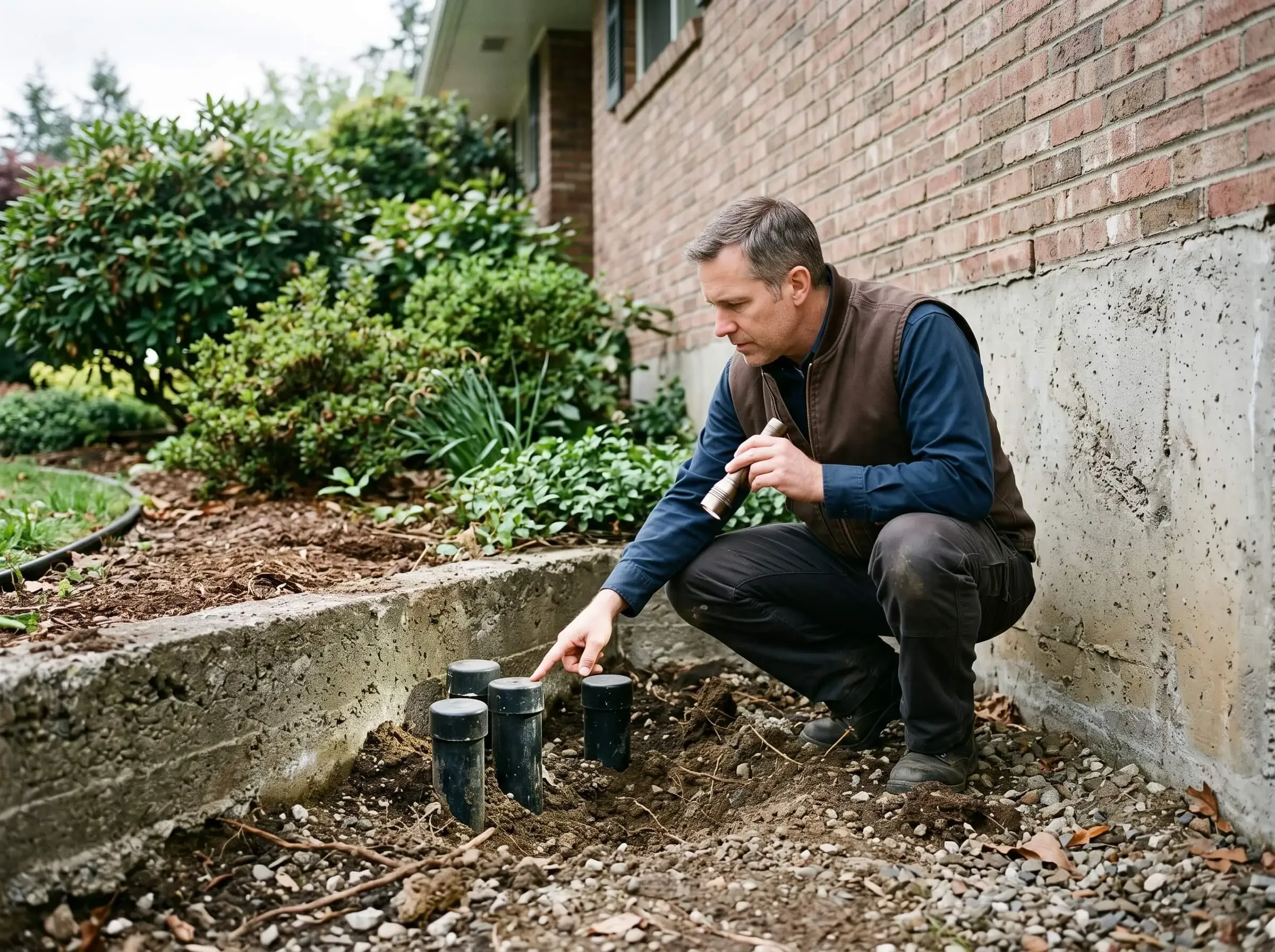 Home inspector examining the exterior foundation wall of a Nepean Ottawa home looking for buried oil tank indicators including capped pipes